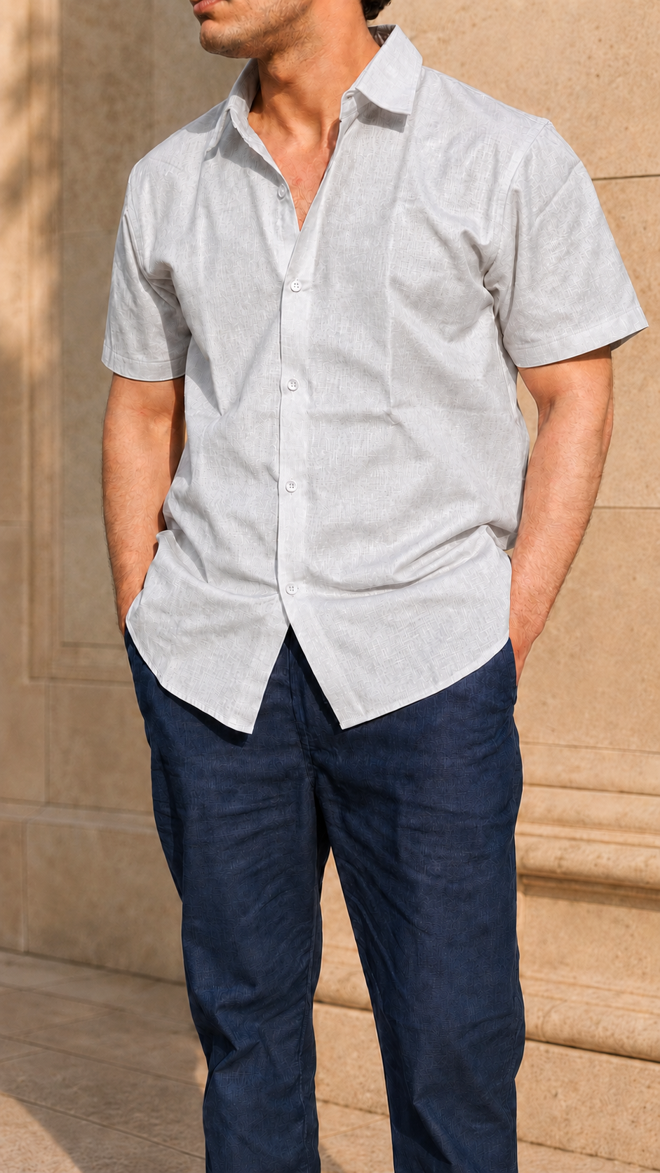 Half Sleeve Belgium Linen Pair For Men | Grey Shirt with Navy Pant by frenchcuff