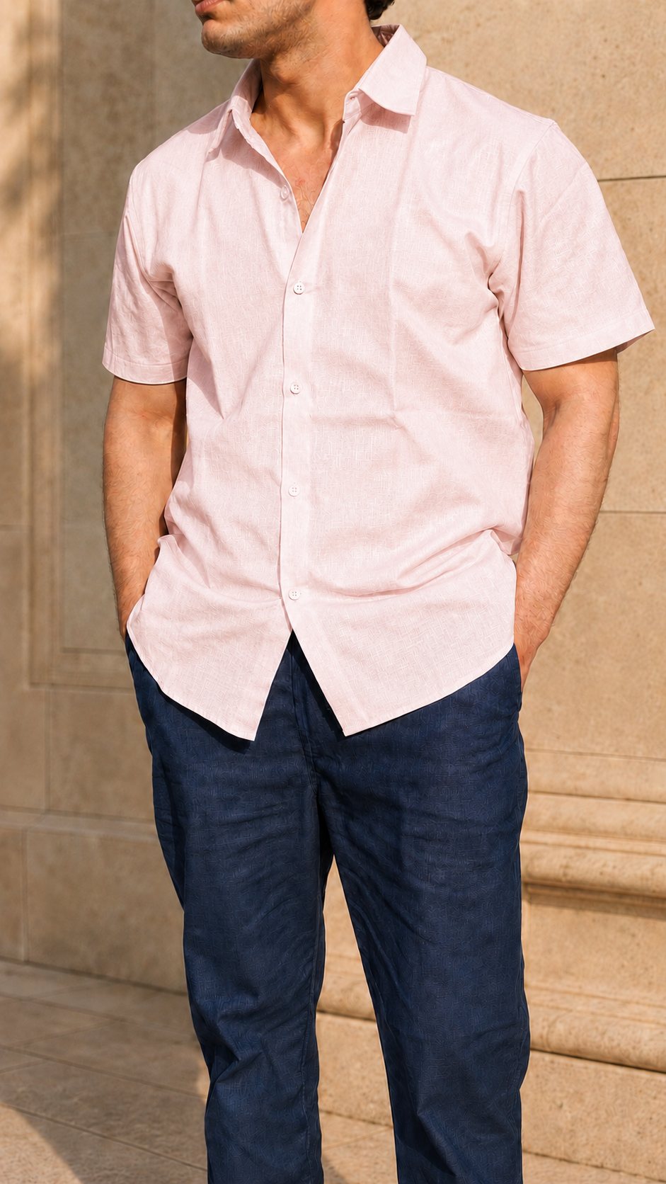 Half Sleeve Belgium Linen Pair For Men | Powder Pink Shirt with Navy Pant