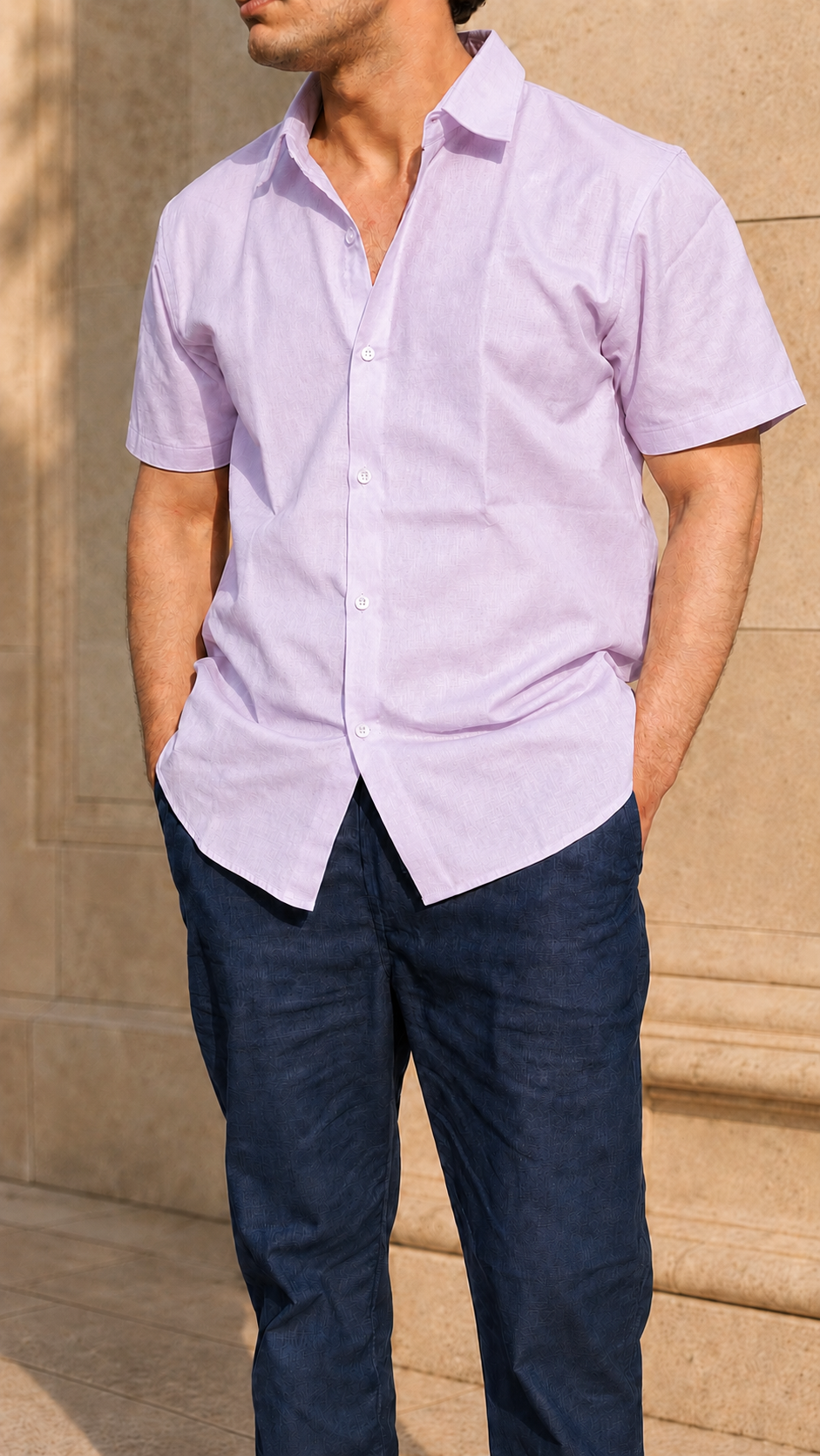 Half Sleeve Belgium Linen Pair For Men | Lavender Shirt with Navy Pant by frenchcuff