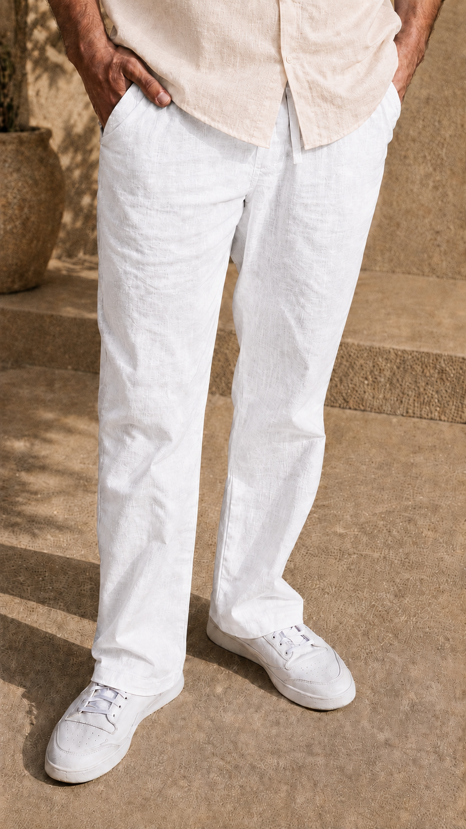 Full Sleeve Belgium Linen Pair For Men | Beige Shirt with White Pant by frenchcuff