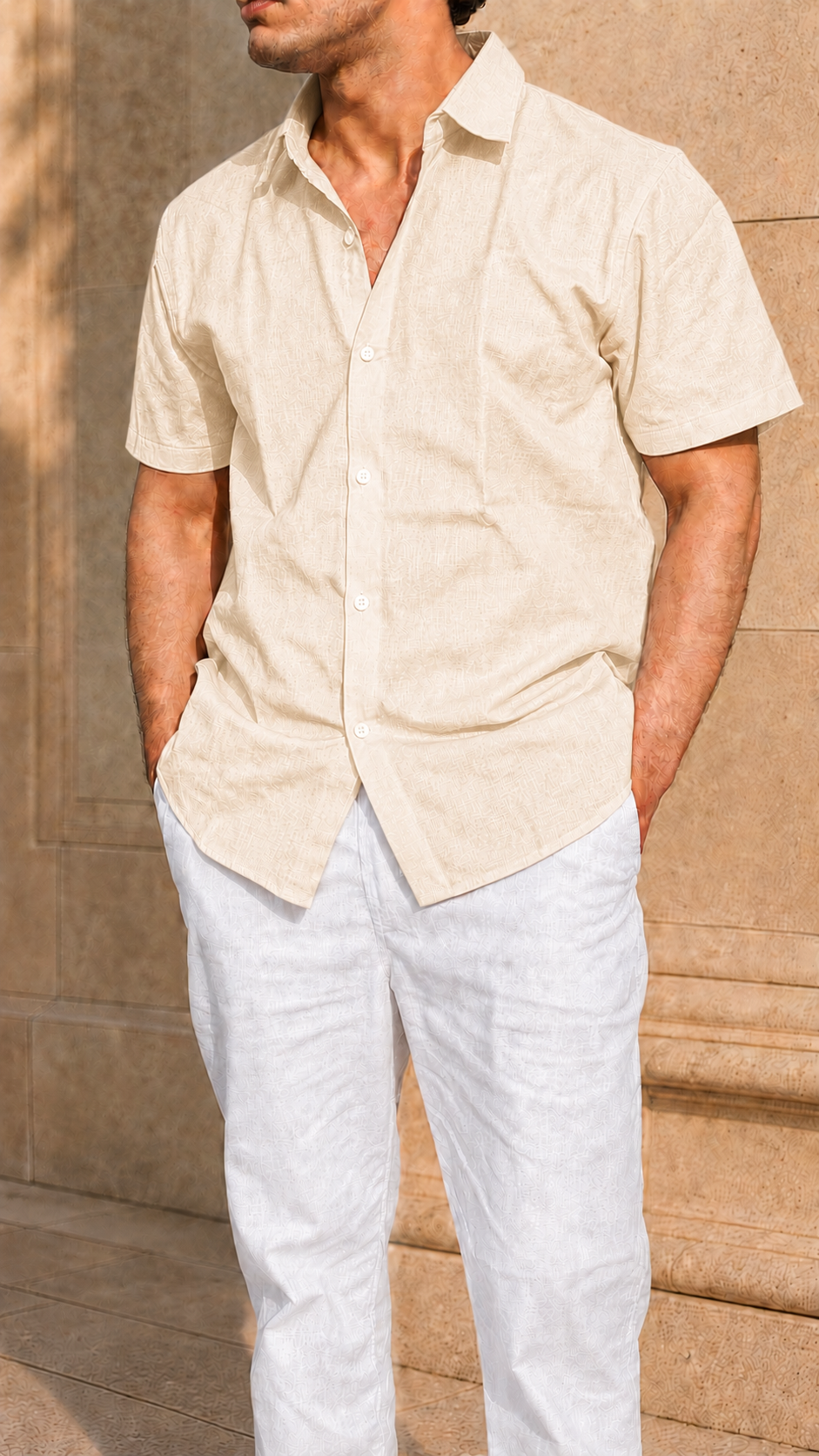 Half Sleeve Belgium Linen Pair For Men | Khaki Shirt with White Pant by frenchcuff