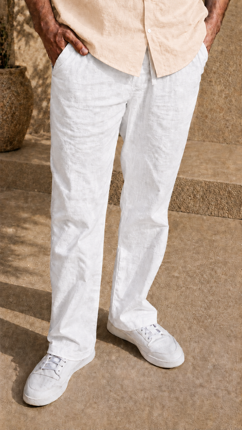 Half Sleeve Belgium Linen Pair For Men | Khaki Shirt with White Pant by frenchcuff