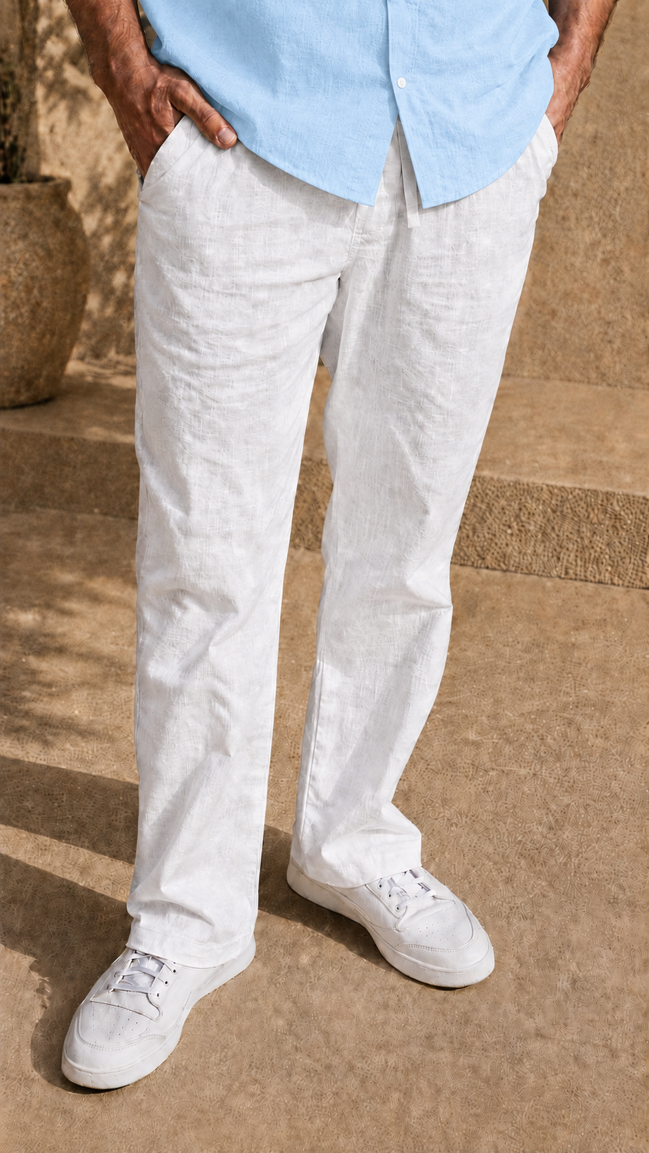 Half Sleeve Belgium Linen Pair For Men | Sky Blue Shirt with White Pant by frenchcuff
