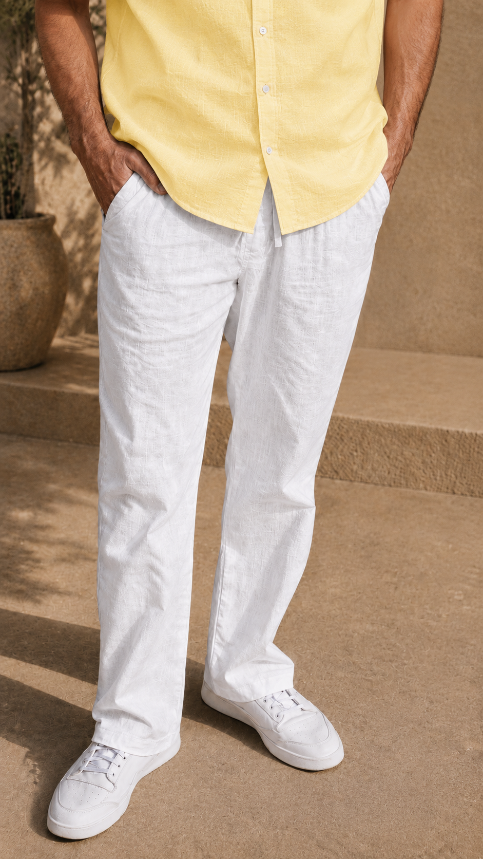 Half Sleeve Belgium Linen Pair For Men | Buttery Yellow Shirt with White Pant by frenchcuff