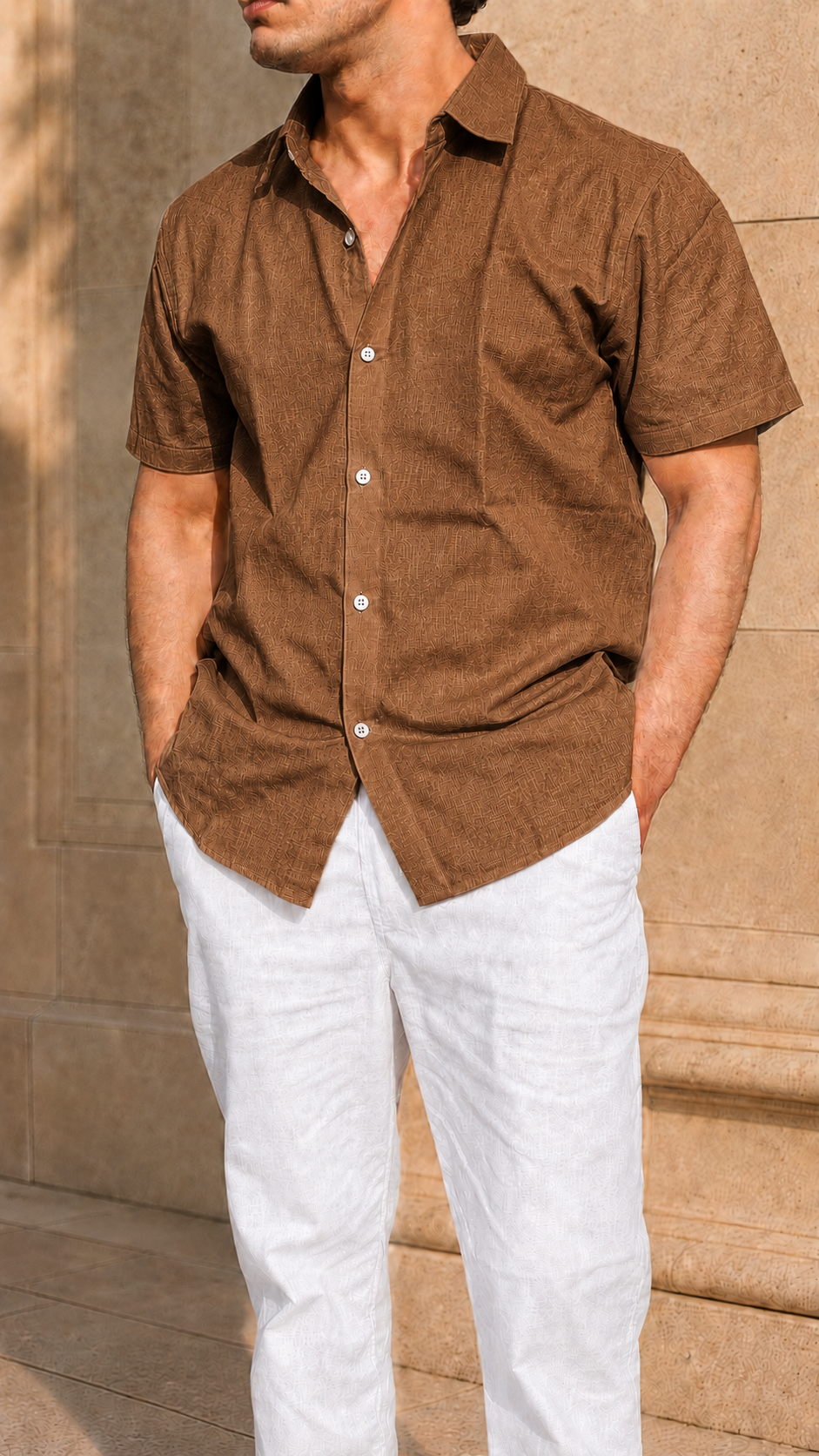 Half Sleeve Belgium Linen Pair For Men | Brown Shirt with White Pant by frenchcuff