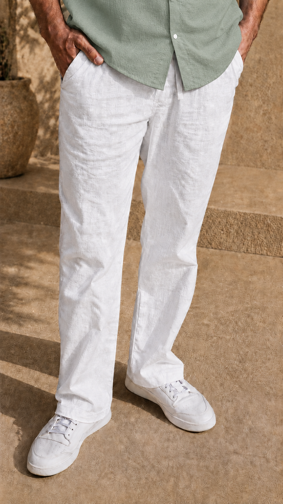 Full Sleeve Belgium Linen Pair For Men | Minty Green Shirt with White Pant by frenchcuff