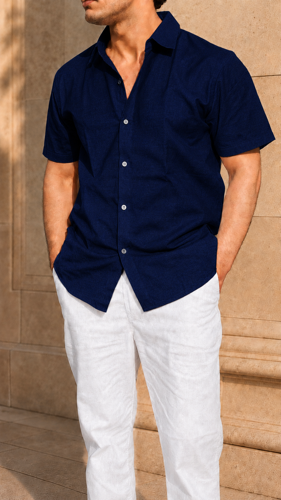 Half Sleeve Belgium Linen Pair For Men | Navy Shirt with White Pant by frenchcuff