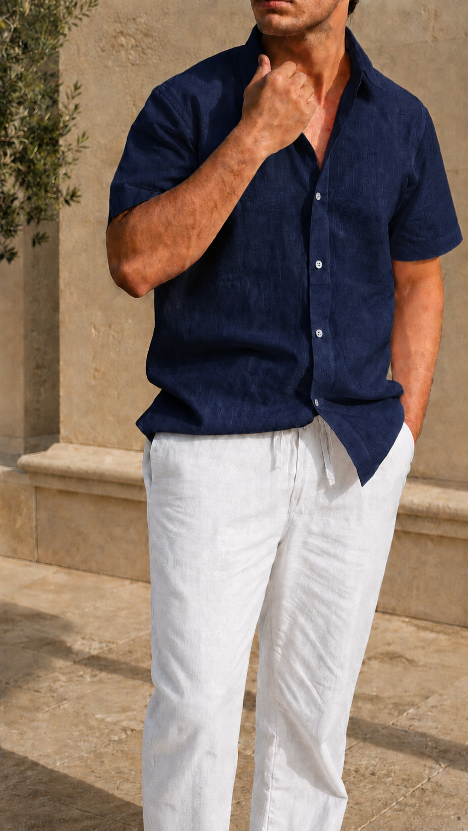 Half Sleeve Belgium Linen Pair For Men | Navy Shirt with White Pant by frenchcuff