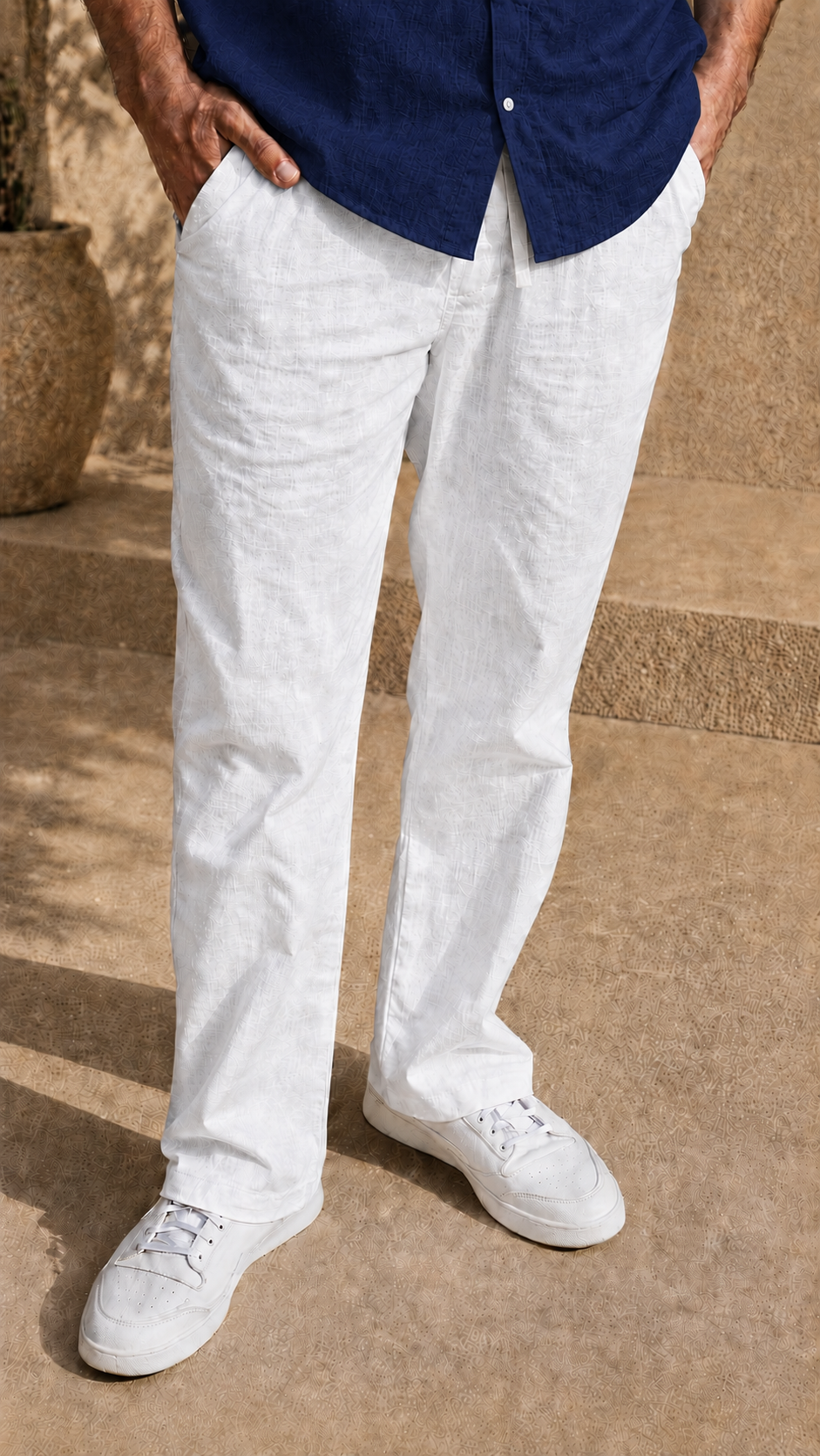 Half Sleeve Belgium Linen Pair For Men | Navy Shirt with White Pant by frenchcuff