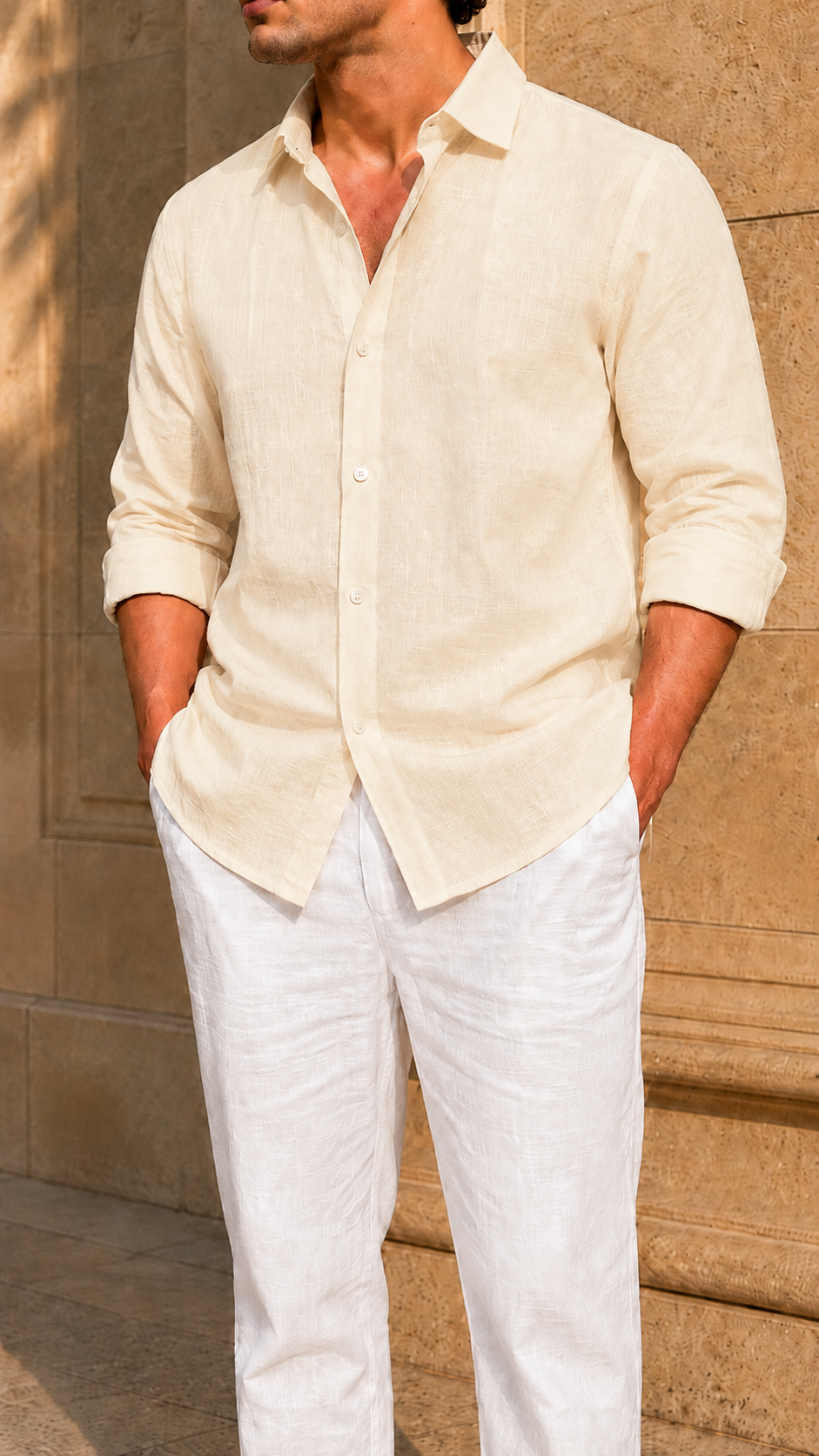 Full Sleeve Belgium Linen Pair For Men | Khaki with White Pant by frenchcuff