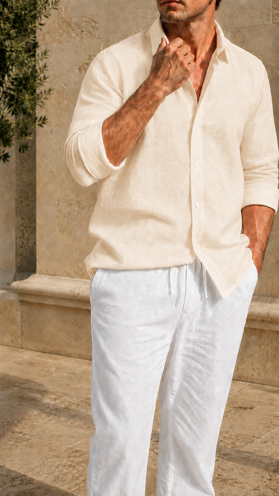 Full Sleeve Belgium Linen Pair For Men | Khaki with White Pant by frenchcuff