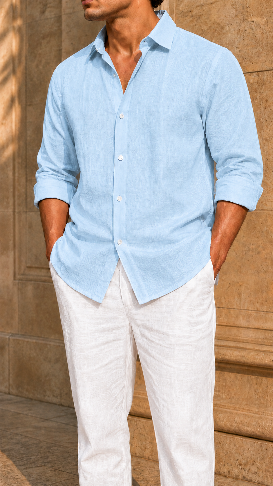Full Sleeve Belgium Linen Pair For Men | Sky Blue Shirt with White Pant by frenchcuff