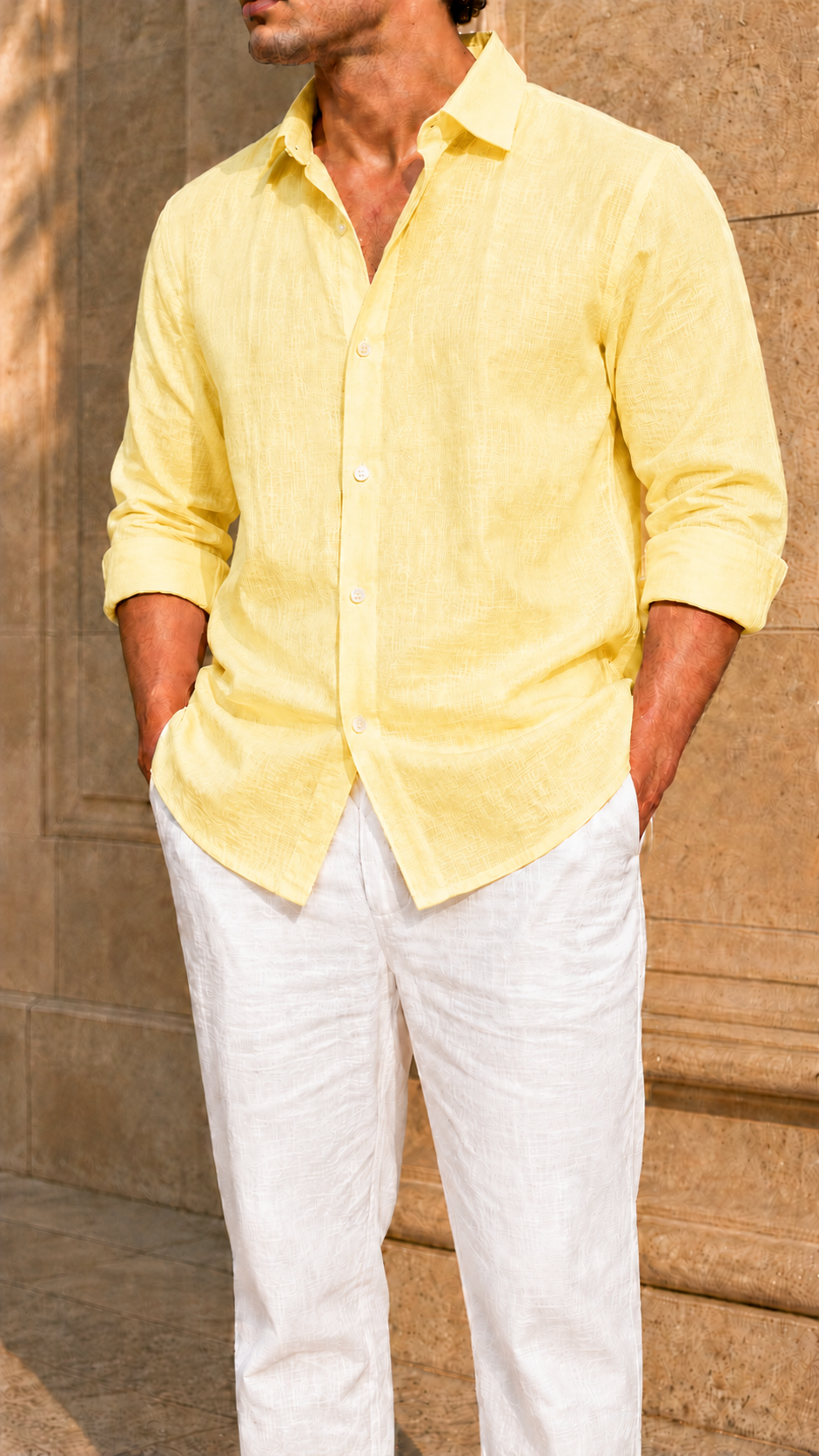 Full Sleeve Belgium Linen Pair For Men | Buttery Yellow Shirt with White Pant by frenchcuff