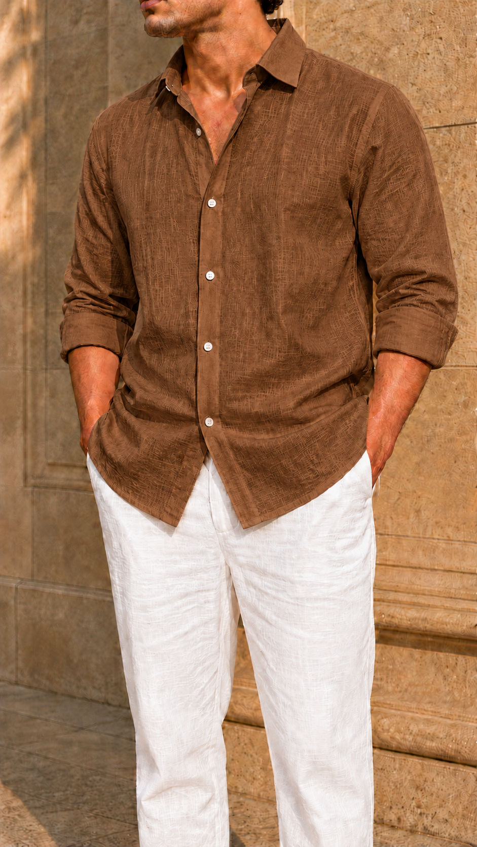 Full Sleeve Belgium Linen Pair For Men | Brown Shirt with White Pant by frenchcuff