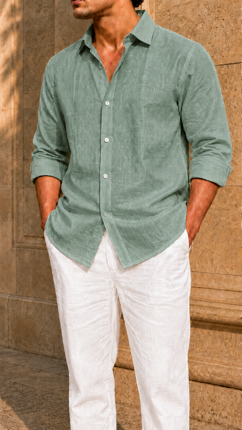 Full Sleeve Belgium Linen Pair For Men | Minty Green Shirt with White Pant by frenchcuff