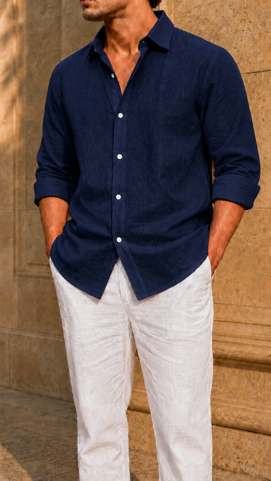 Full Sleeve Belgium Linen Pair For Men | Navy Blue Shirt with White Pant by frenchcuff