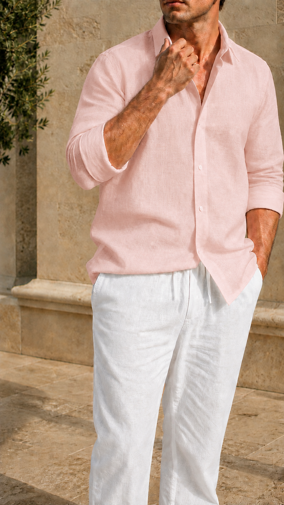 Full Sleeve Belgium Linen Pair For Men | Powder Pink Shirt with White Pant