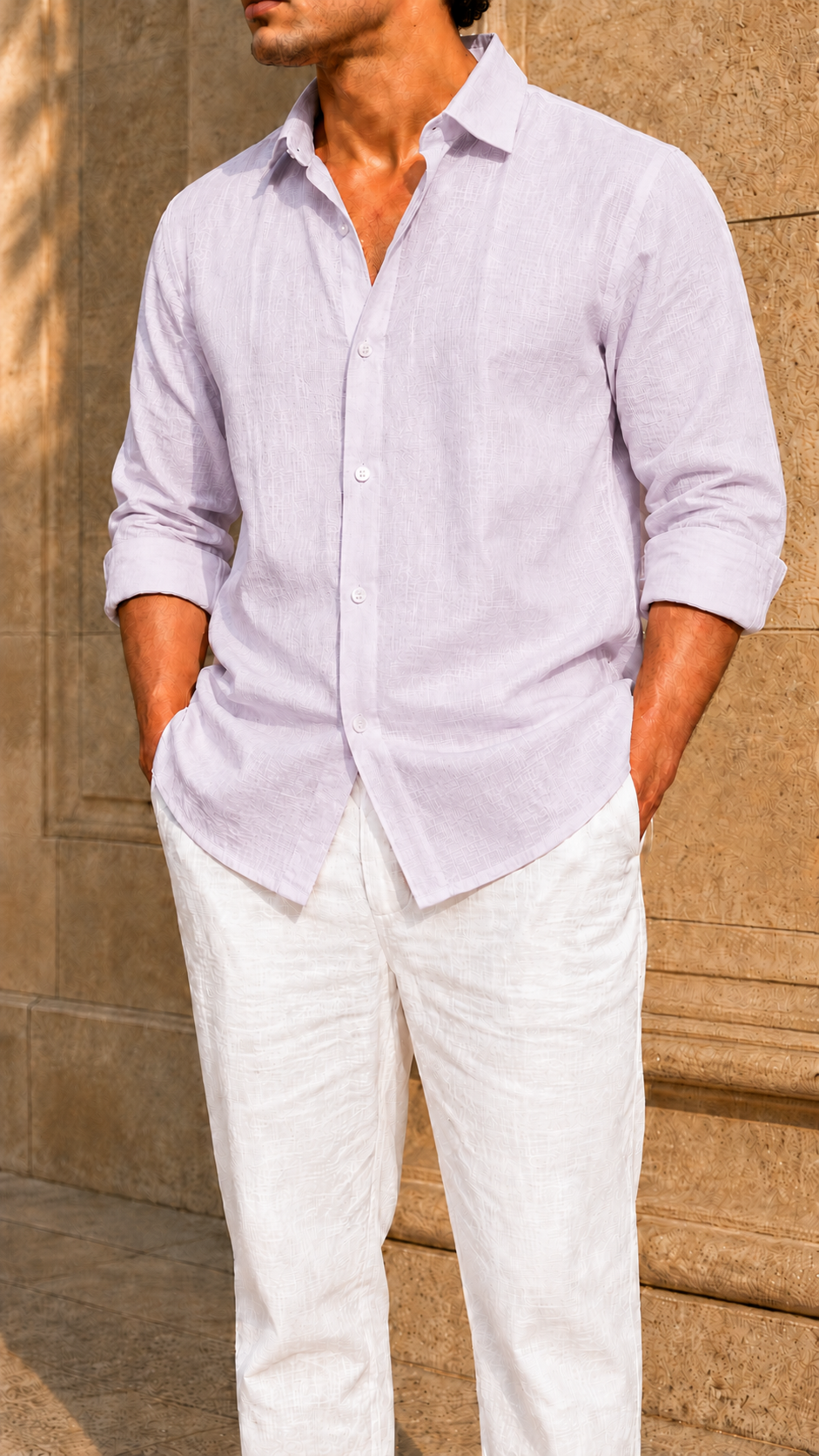 Full Sleeve Belgium Linen Pair For Men | Lavender Shirt with White Pant by frenchcuff