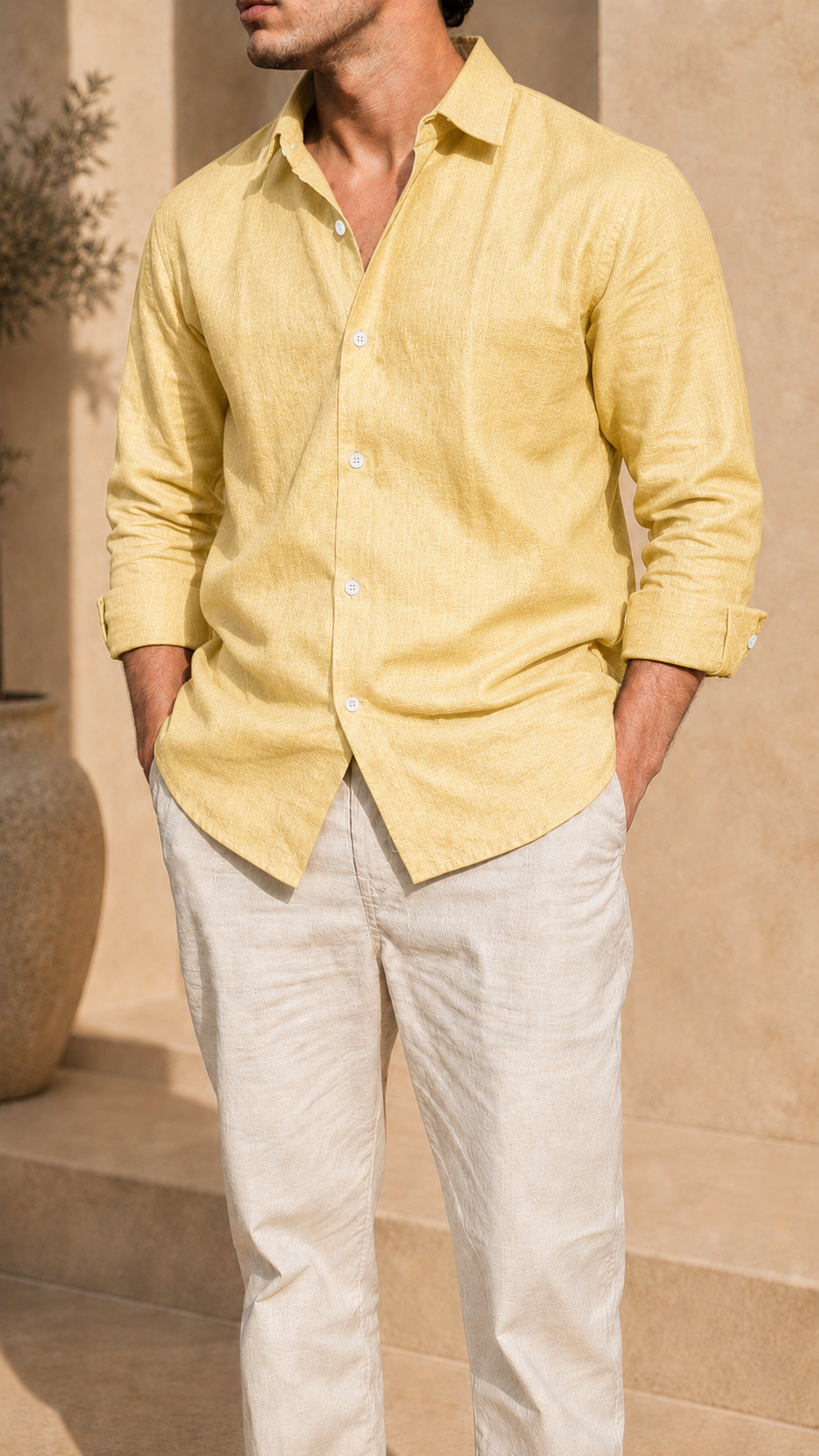 Full Sleeve Belgium Linen Pair For Men | Buttery Yellow Shirt with Beige Pant by frenchcuff