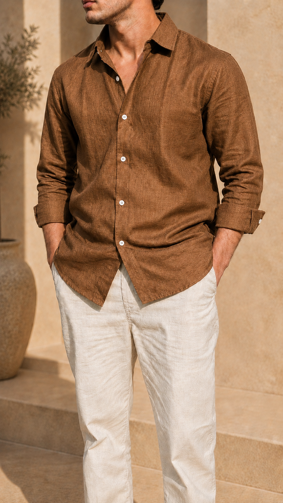 Full Sleeve Belgium Linen Pair For Men | Brown Shirt with Beige Pant by frenchcuff