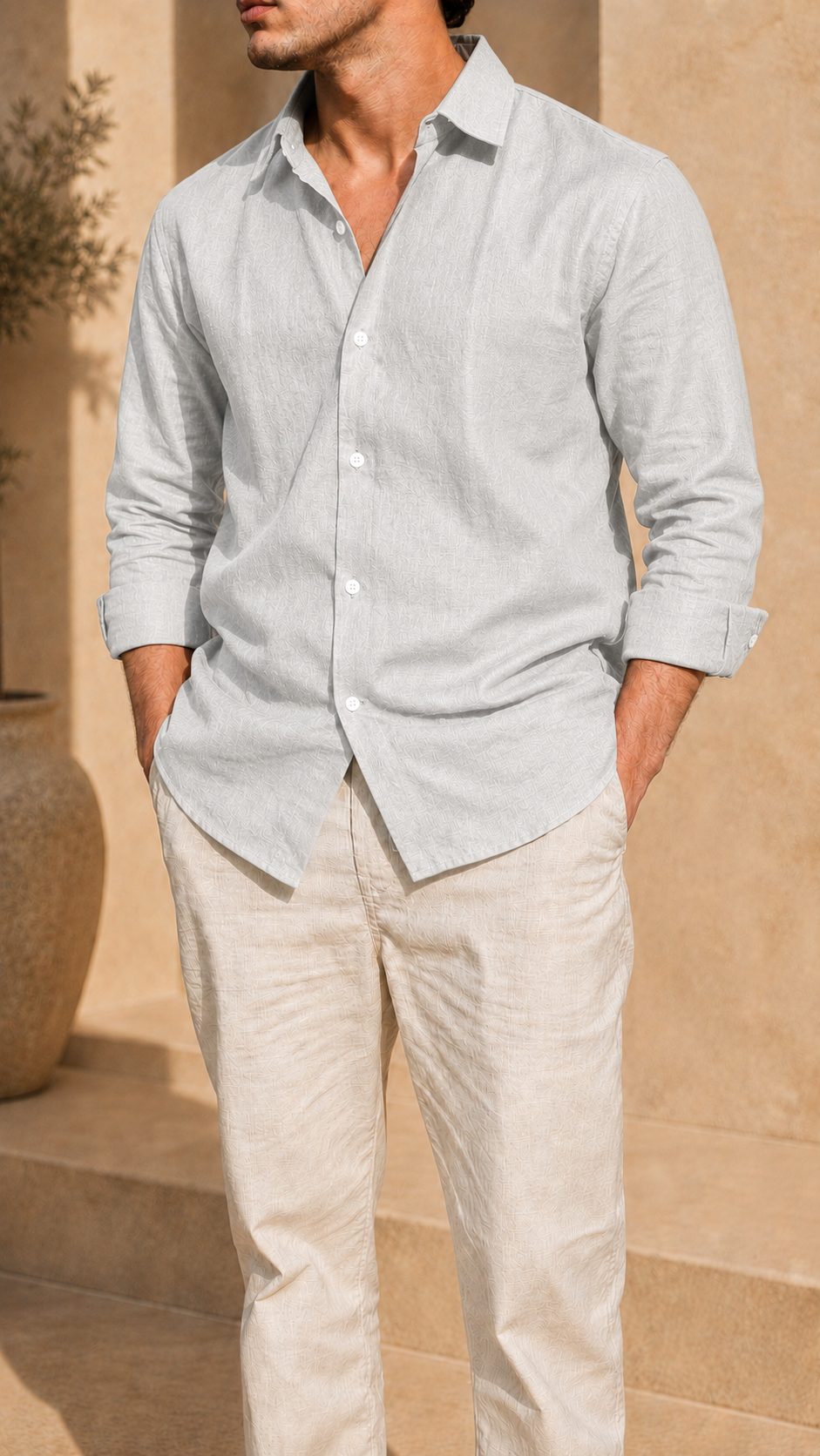 Full Sleeve Belgium Linen Pair For Men | Grey Shirt with Beige Pant by frenchcuff