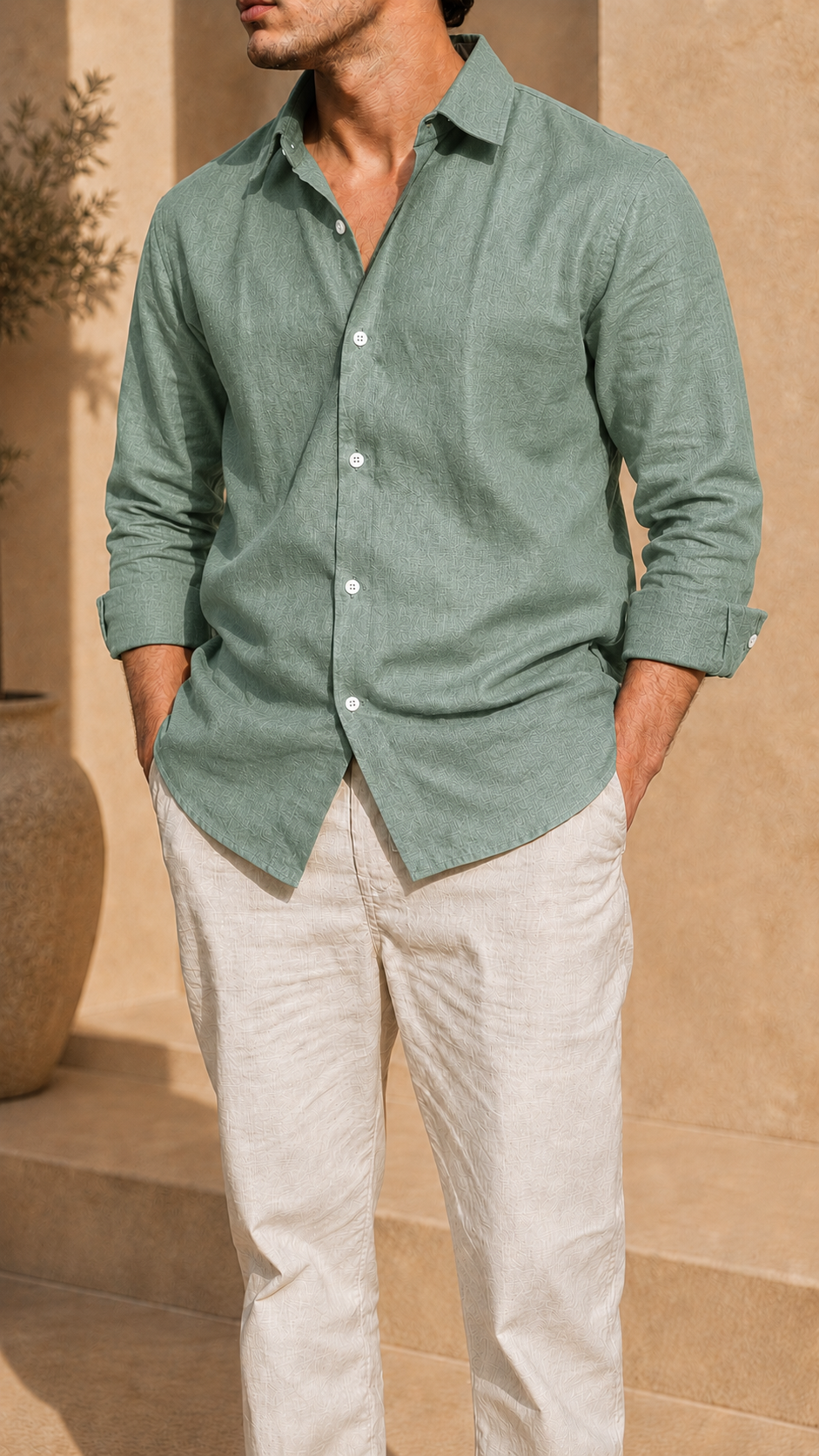 Full Sleeve Belgium Linen Pair For Men | Green Shirt with Beige Pant