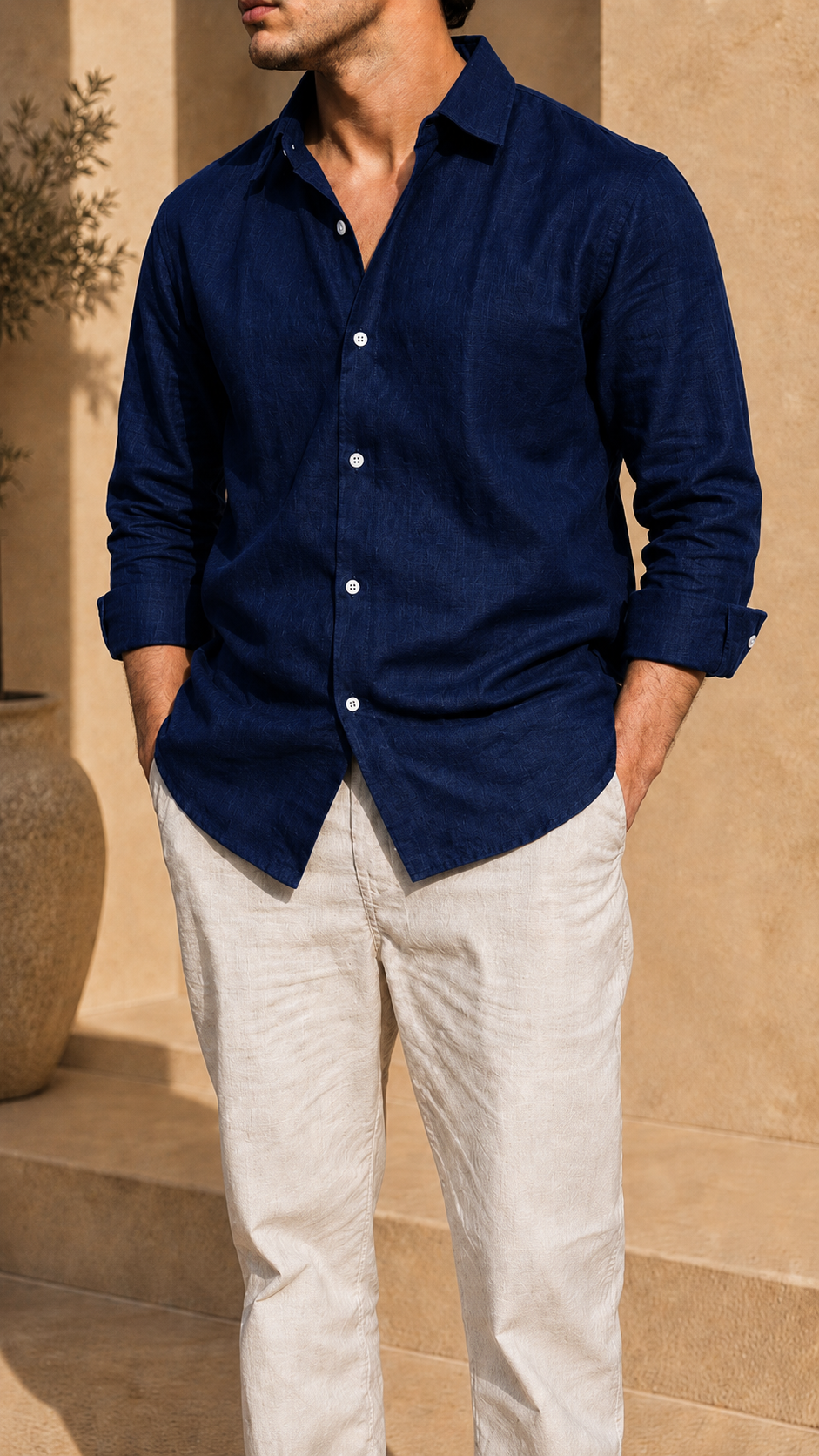 Full Sleeve Belgium Linen Pair For Men | Navy Shirt with Beige Pant by frenchcuff