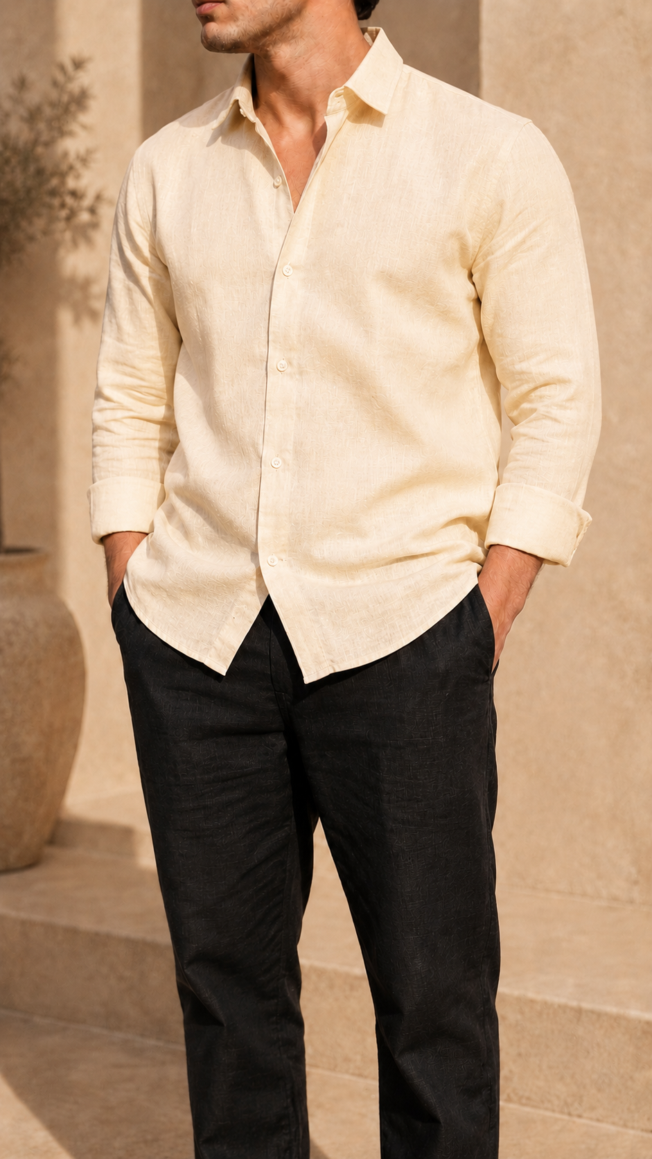 Full Sleeve Belgium Linen Pair For Men | Khaki Shirt with Black Pant by frenchcuff
