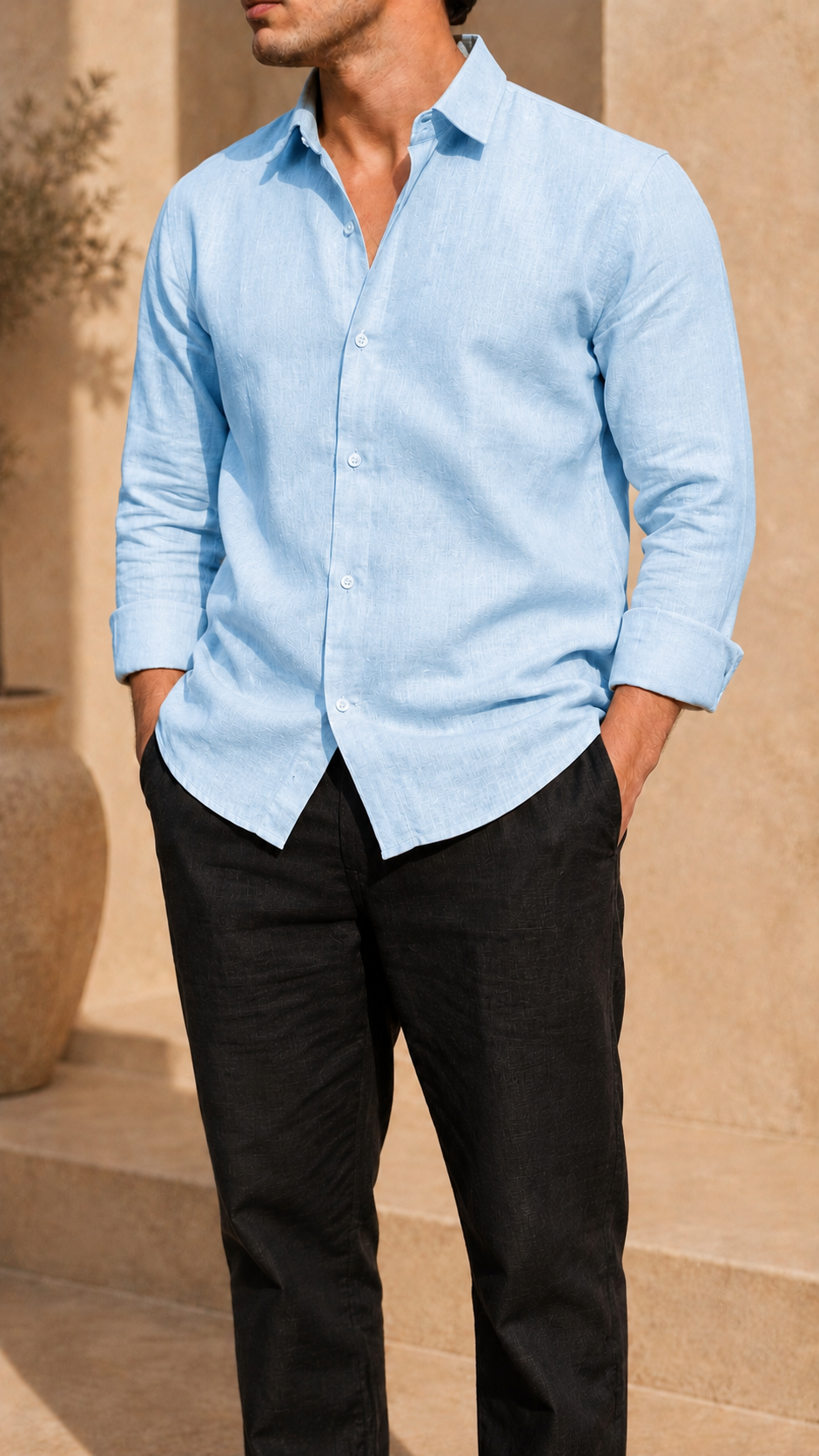 Full Sleeve Belgium Linen Pair For Men | Sky Blue Shirt with Black Pant by frenchcuff