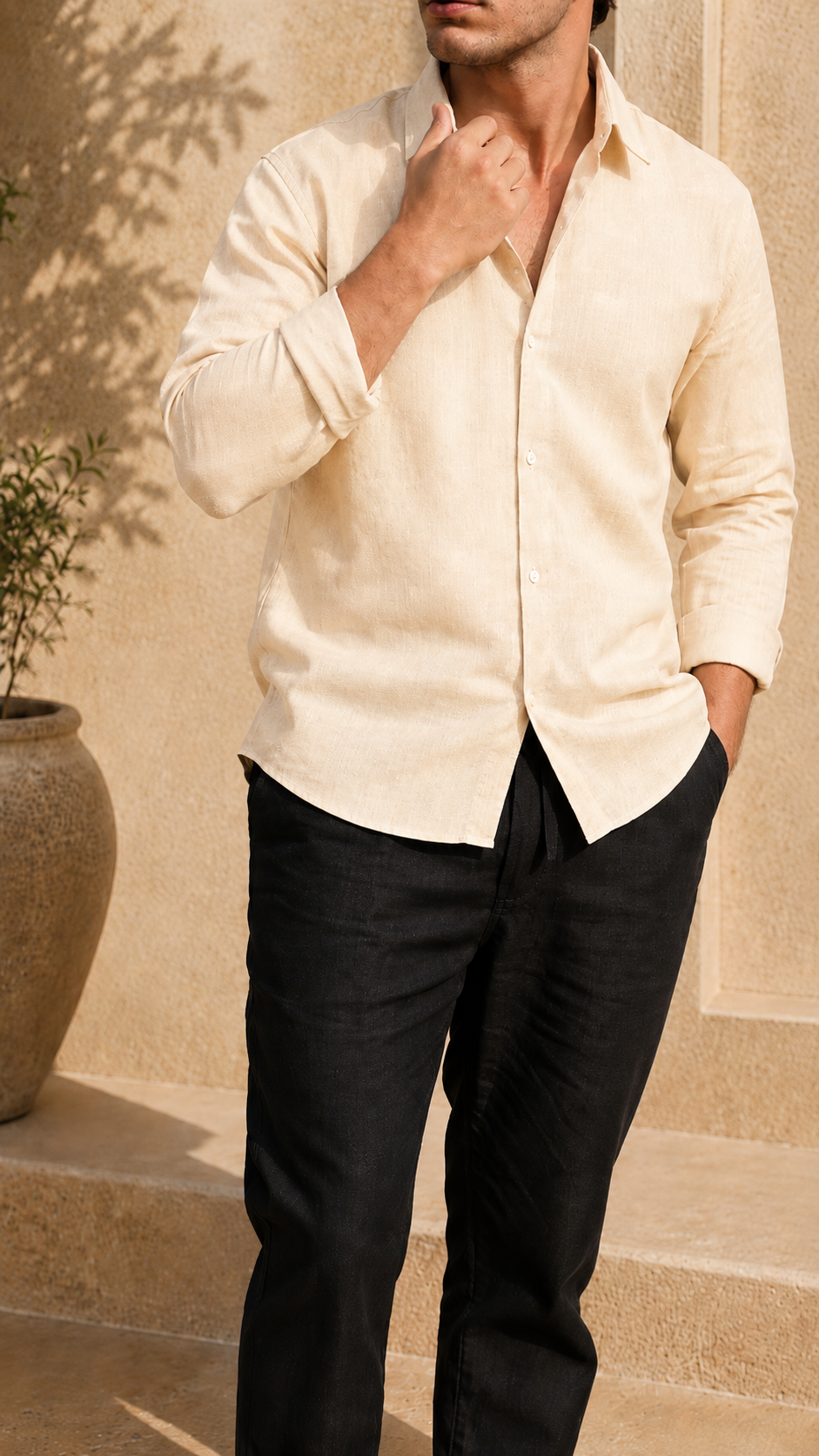 Full Sleeve Belgium Linen Pair For Men | Khaki Shirt with Black Pant by frenchcuff