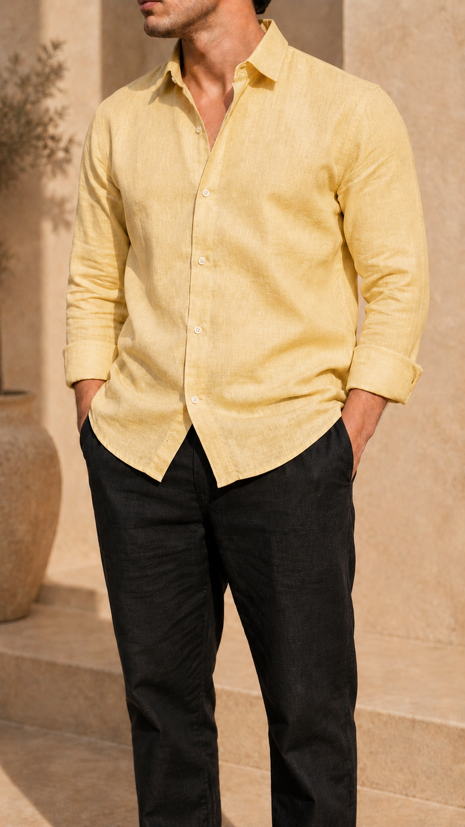 Full Sleeve Belgium Linen Pair For Men | Buttery Yellow Shirt with Black Pant by frenchcuff