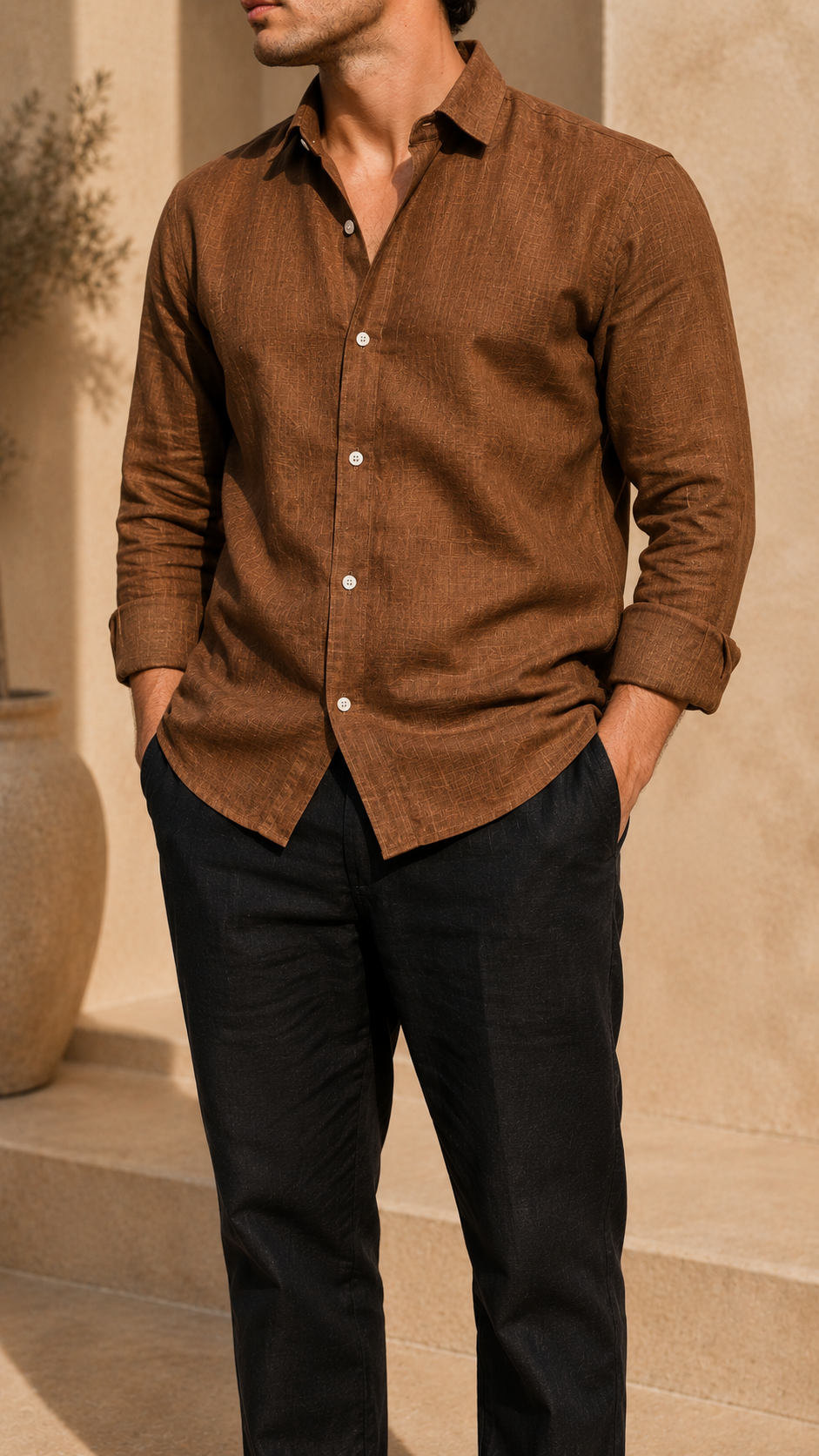 Full Sleeve Belgium Linen Pair For Men | Brown Shirt with Black Pant by frenchcuff