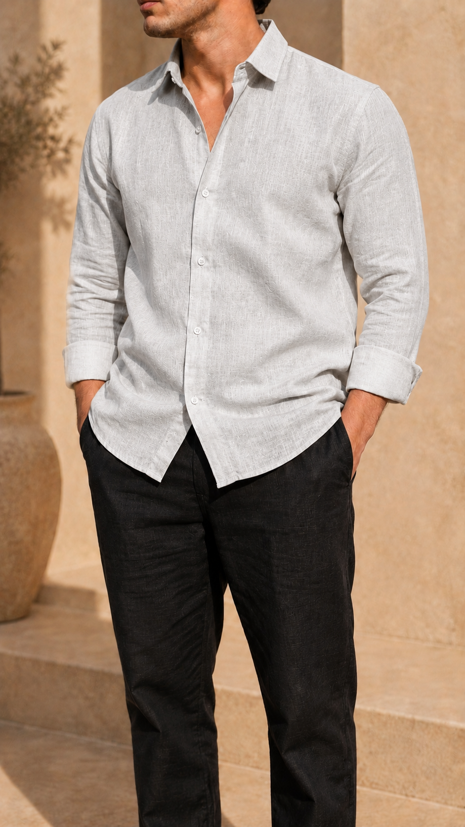 Full Sleeve Belgium Linen Pair For Men | Grey Shirt with Black Pant by frenchcuff