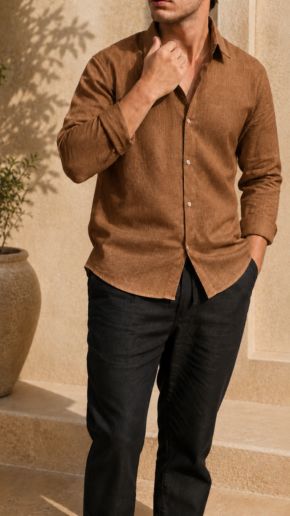 Full Sleeve Belgium Linen Pair For Men | Brown Shirt with Black Pant by frenchcuff
