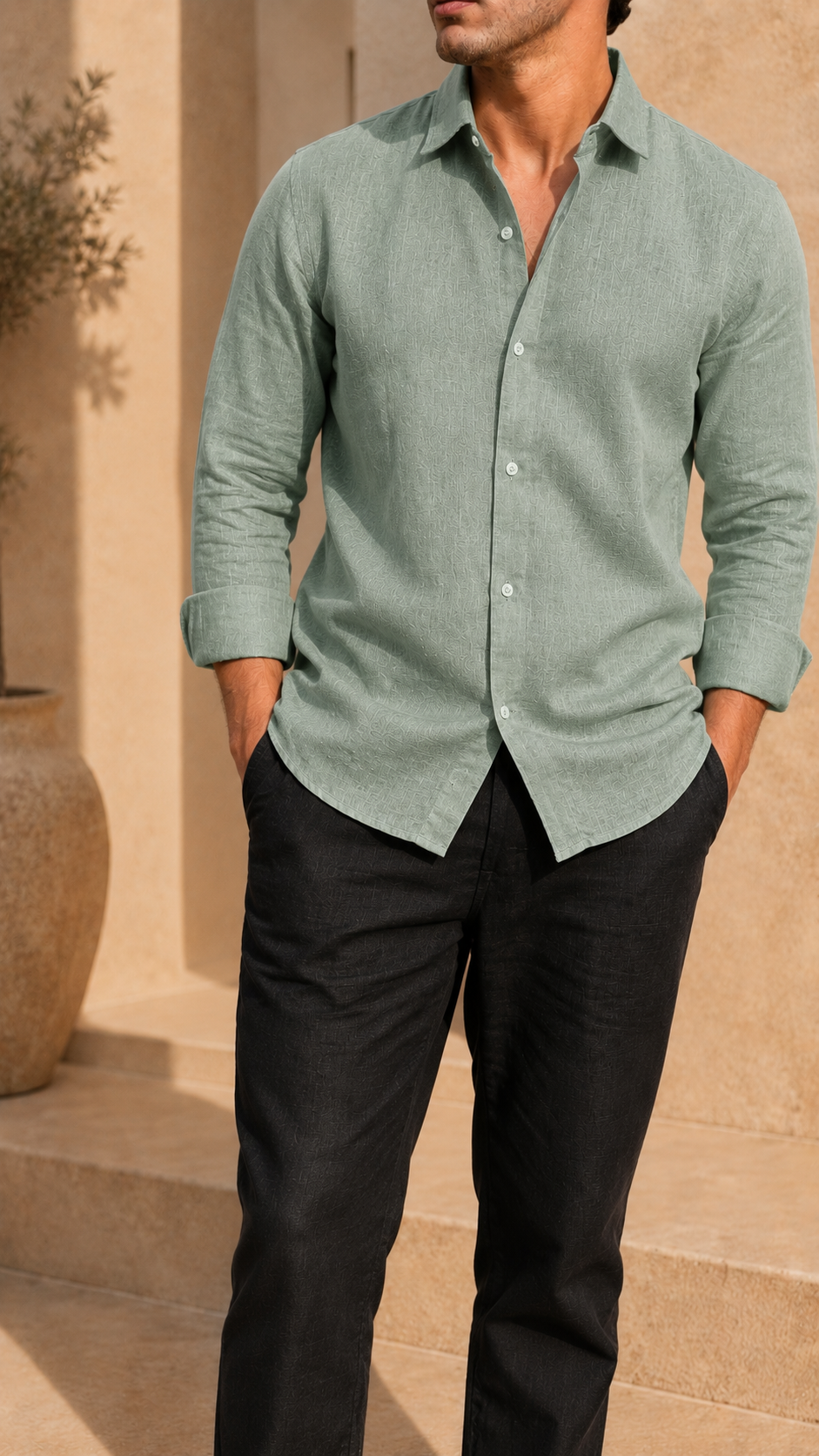 Full Sleeve Belgium Linen Pair For Men | Minty Green Shirt with Black Pant by frenchcuff