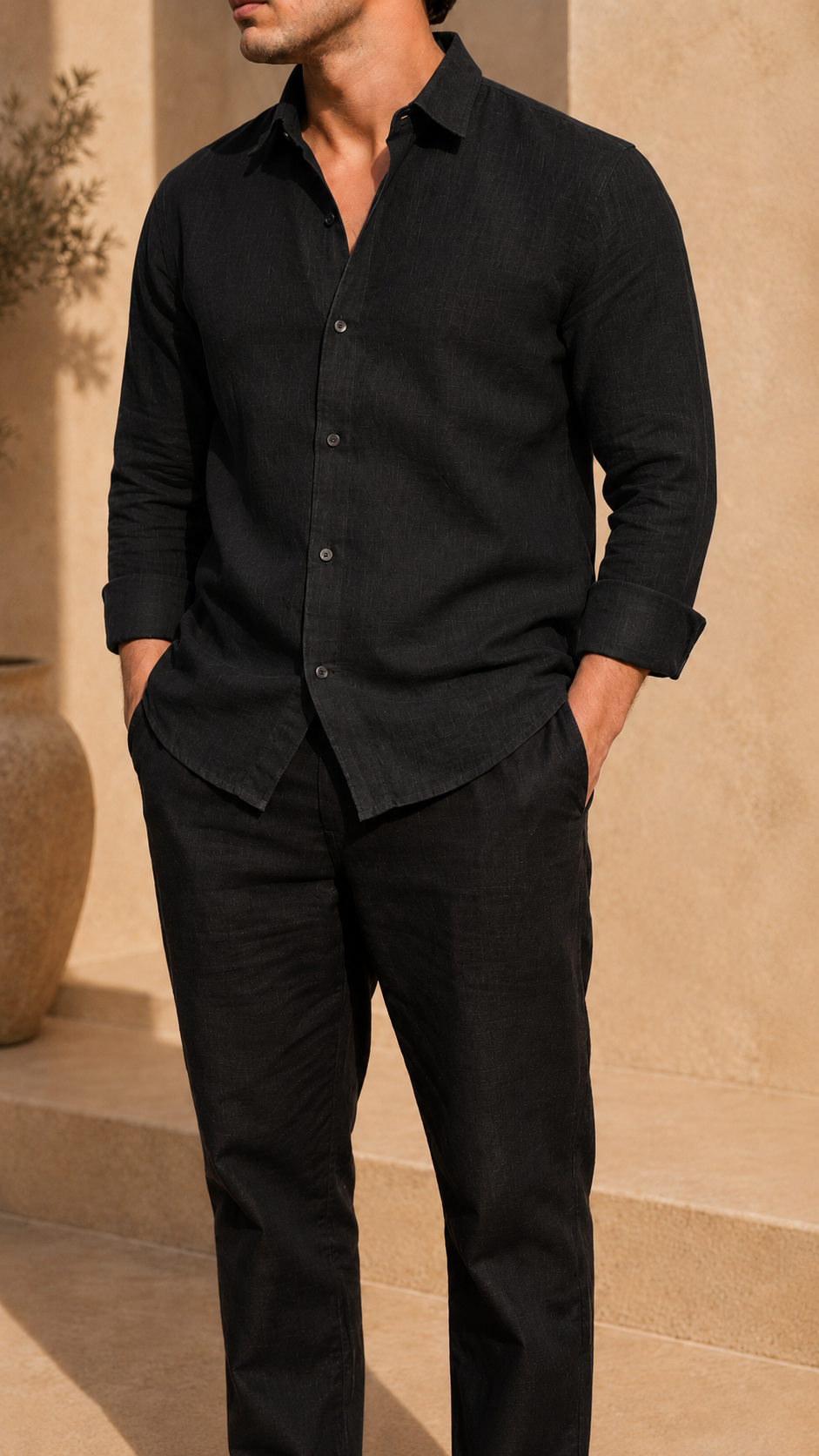 Full Sleeve Belgium Linen Pair For Men | Black Shirt with Black Pant by frenchcuff