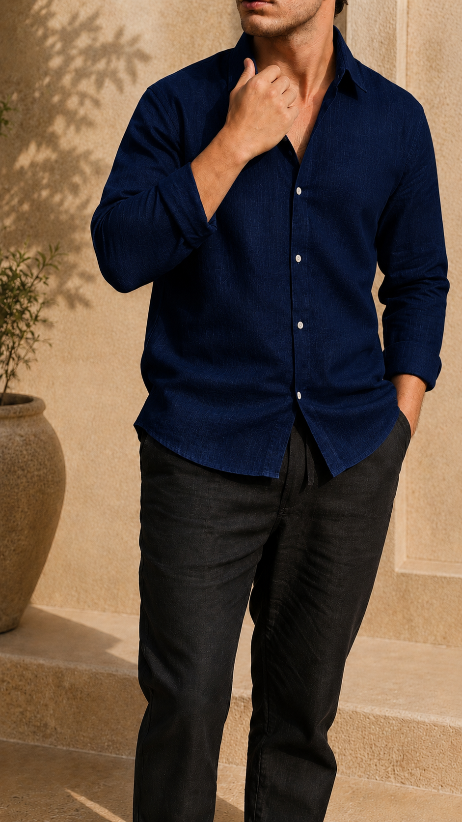 Full Sleeve Belgium Linen Pair For Men | Navy Shirt with Black Pant by frenchcuff