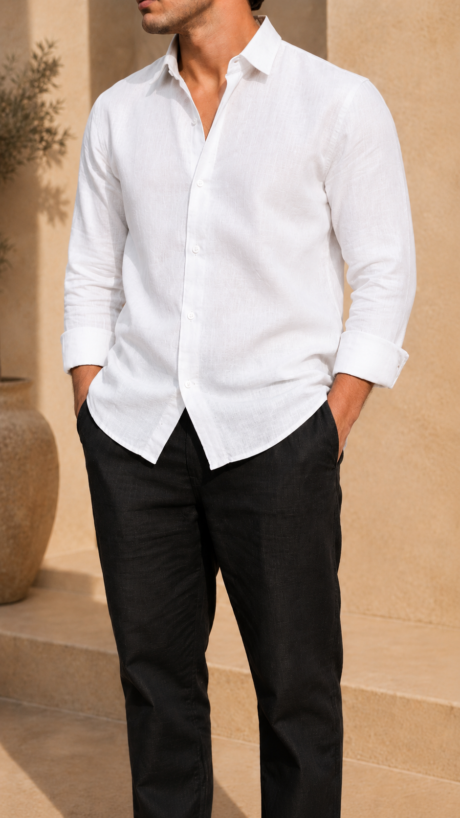 Full Sleeve Belgium Linen Pair For Men | White Shirt with Black Pant by frenchcuff
