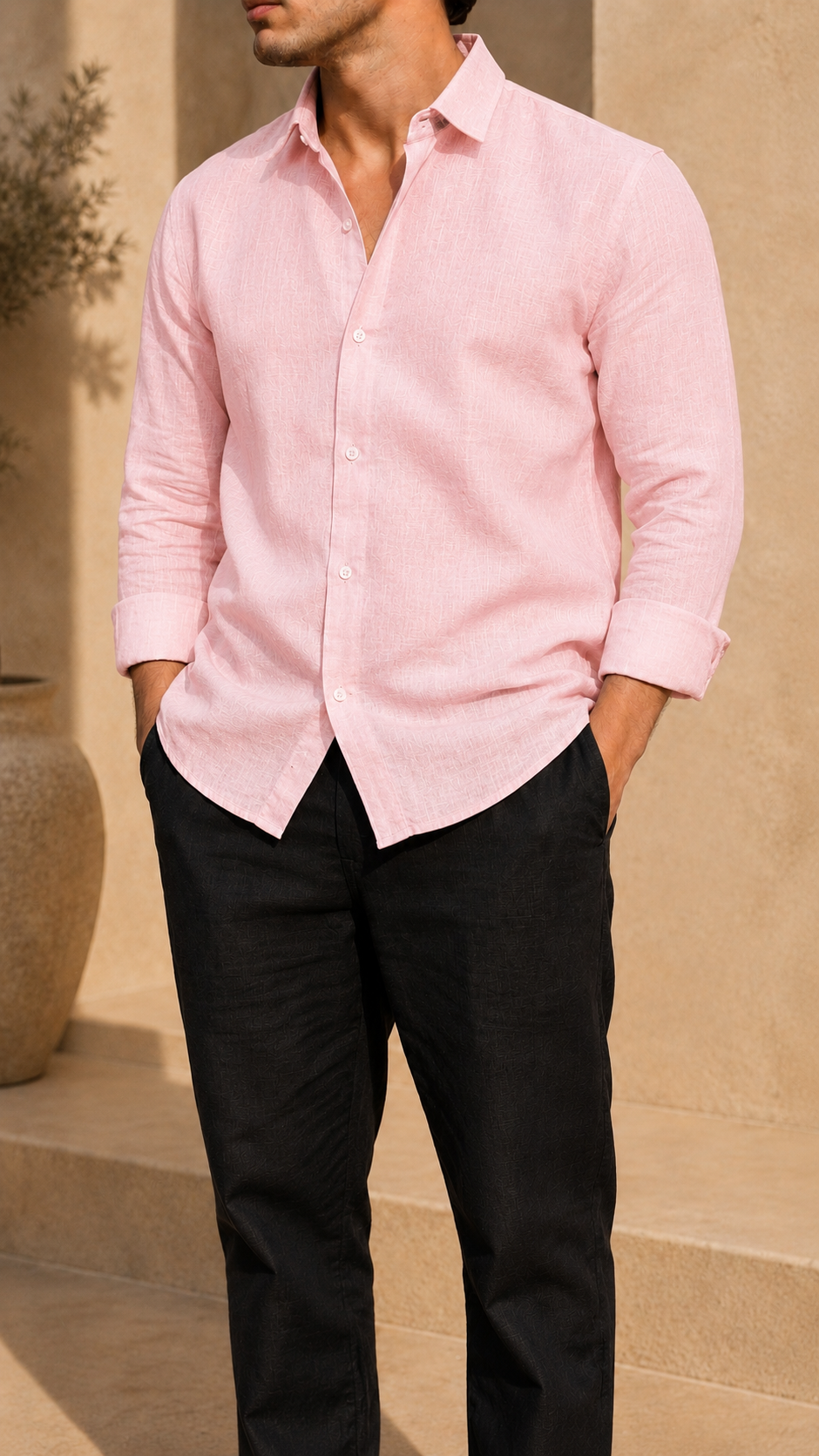 Full Sleeve Belgium Linen Pair For Men | Powder Pink Shirt with Black Pant