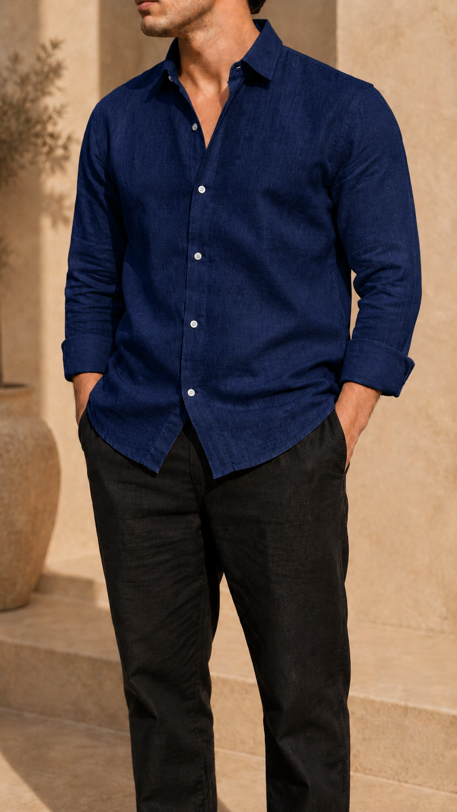 Full Sleeve Belgium Linen Pair For Men | Navy Shirt with Black Pant by frenchcuff