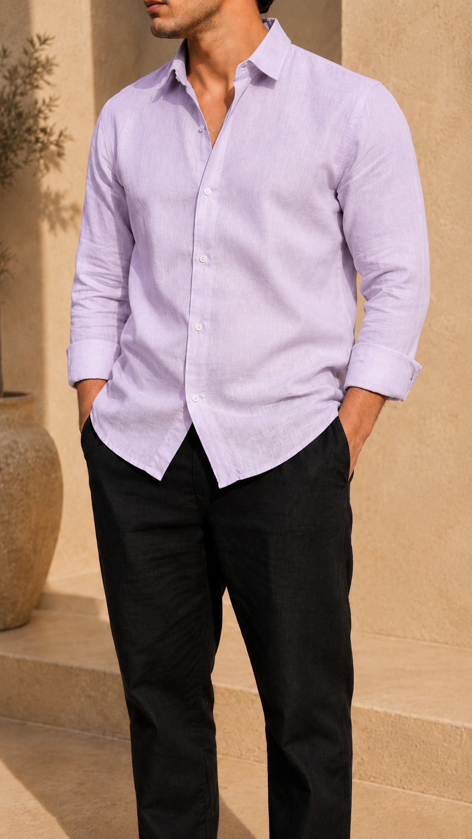 Full Sleeve Belgium Linen Pair For Men | Lavender Shirt with Black Pant by frenchcuff