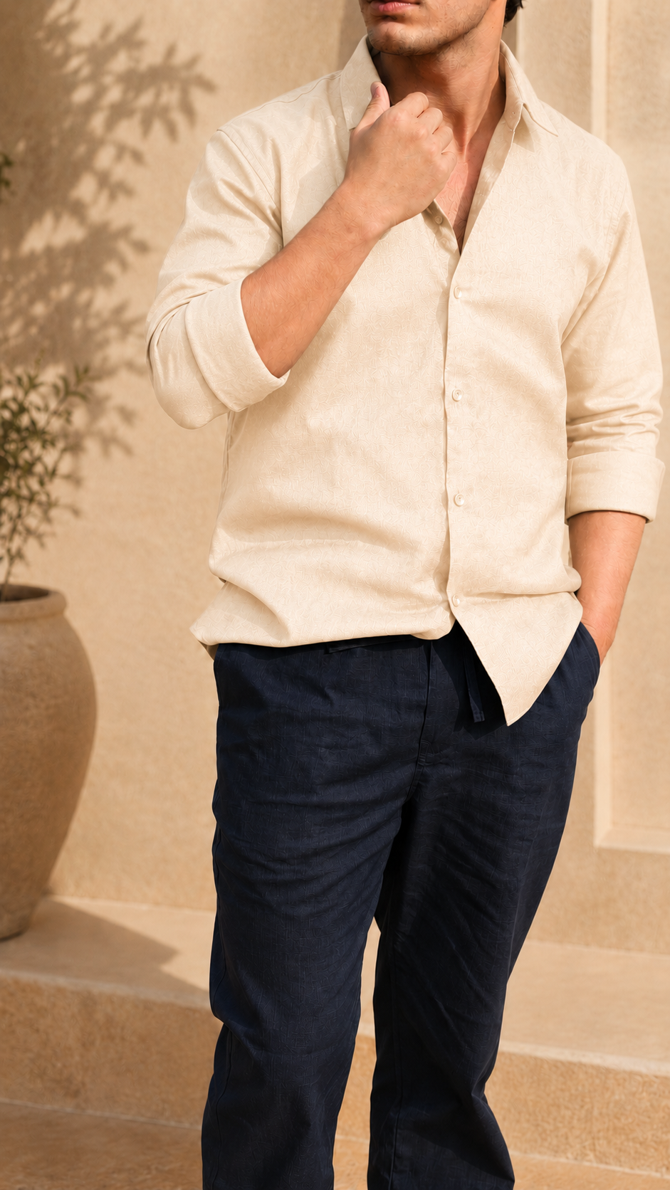 Full Sleeve Belgium Linen Pair For Men | Khaki Shirt with Navy Pant by frenchcuff