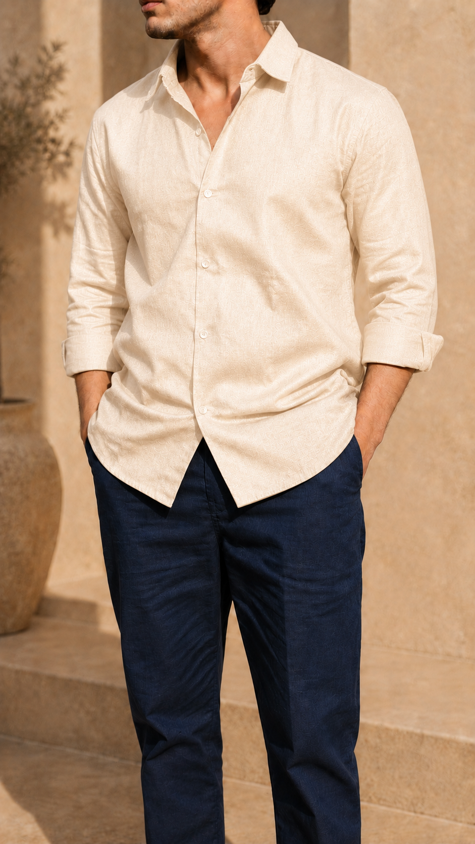 Full Sleeve Belgium Linen Pair For Men | Khaki Shirt with Navy Pant by frenchcuff
