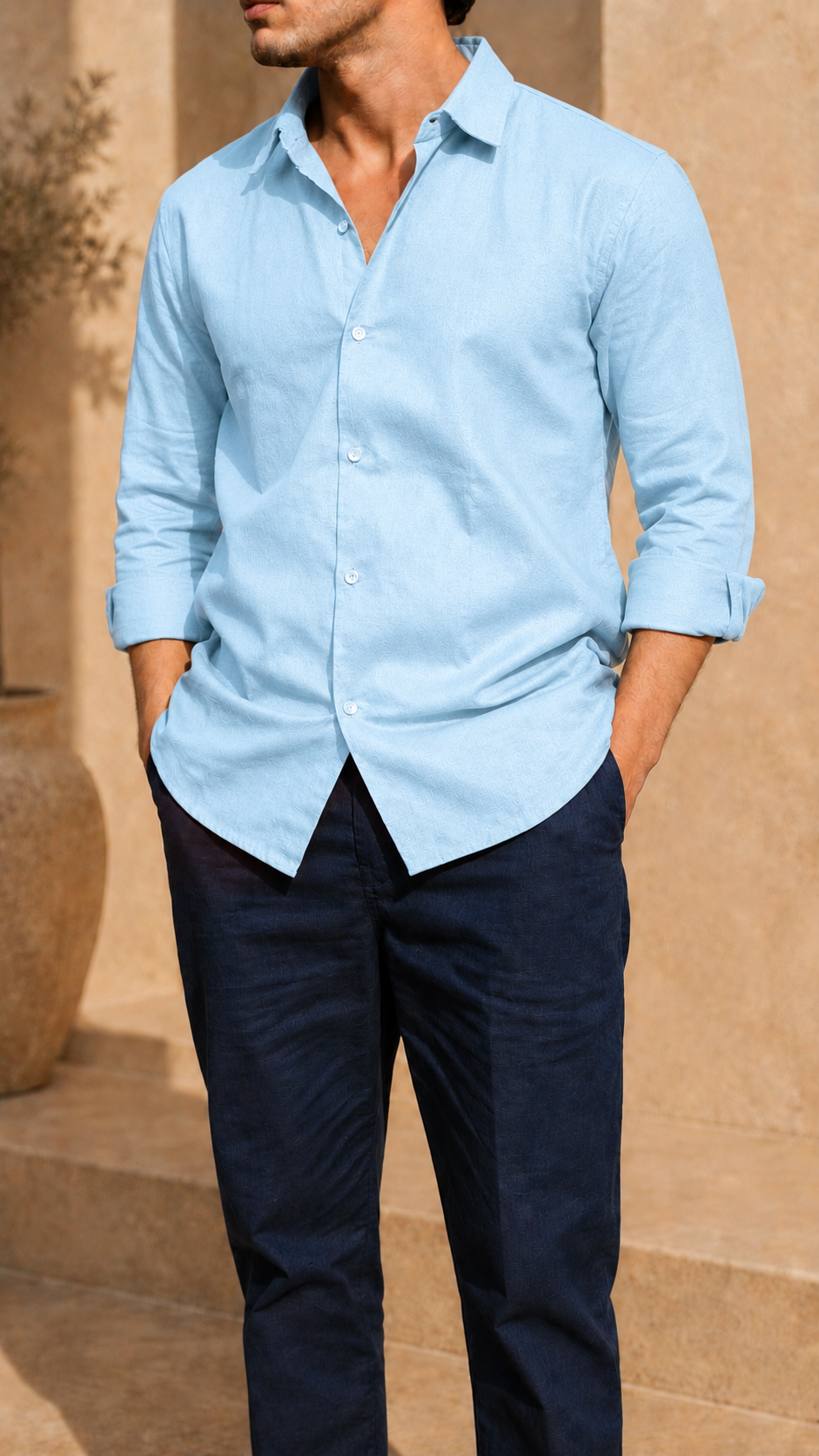 Full Sleeve Belgium Linen Pair For Men | Sky Blue Shirt with Navy Pant by frenchcuff