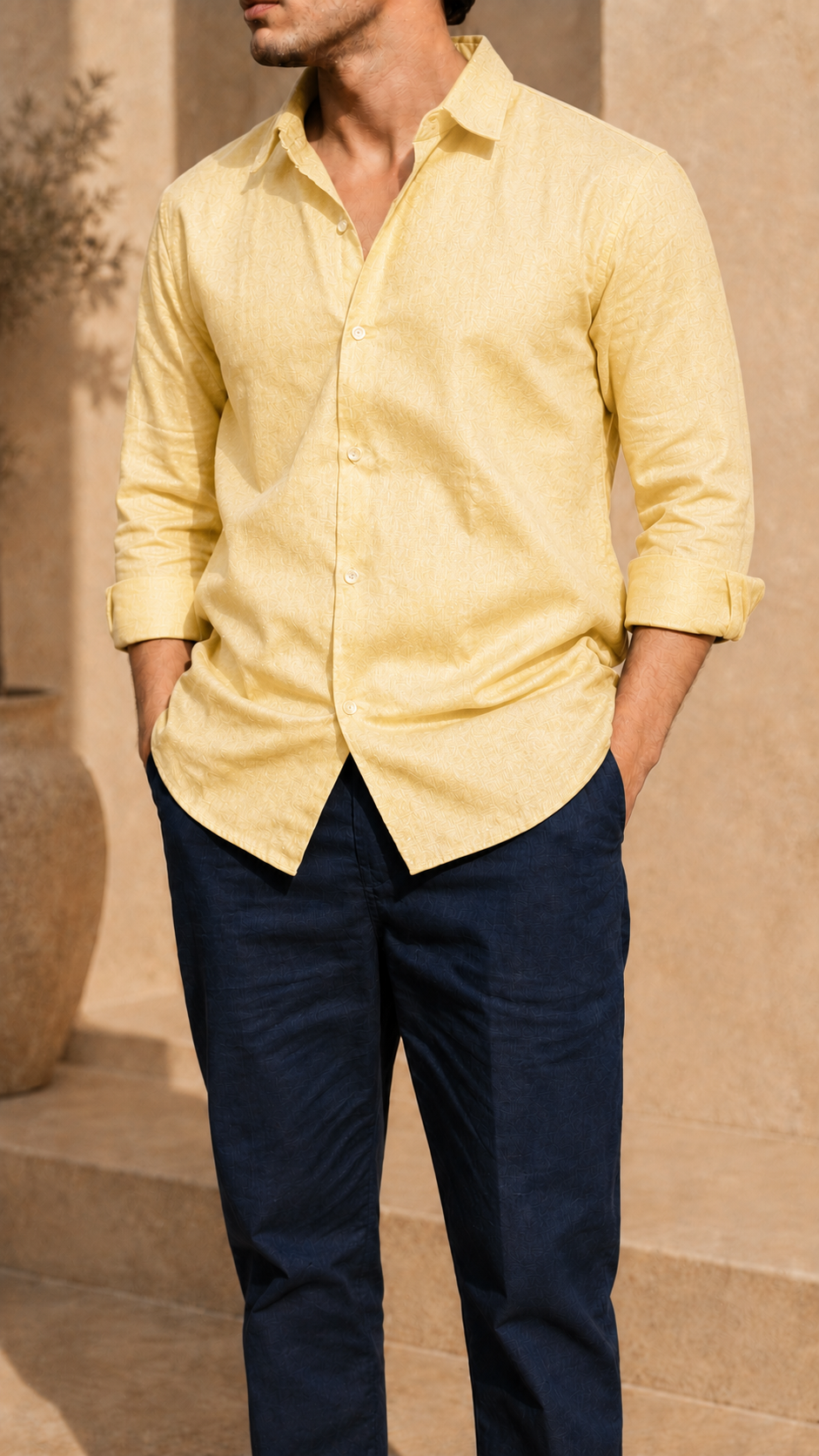 Full Sleeve Belgium Linen Pair For Men | Buttery Yellow Shirt with Navy Pant by frenchcuff