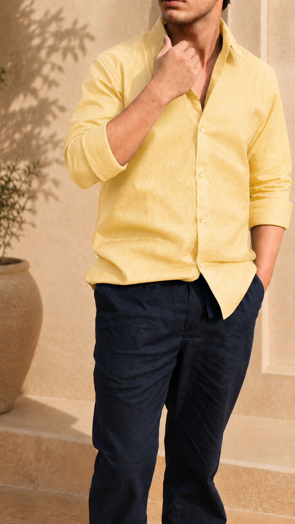 Full Sleeve Belgium Linen Pair For Men | Buttery Yellow Shirt with Navy Pant by frenchcuff