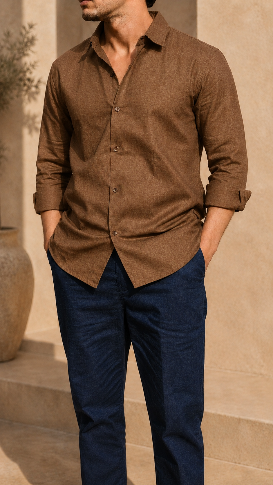 Full Sleeve Belgium Linen Pair For Men | Brown Shirt with Navy Pant by frenchcuff
