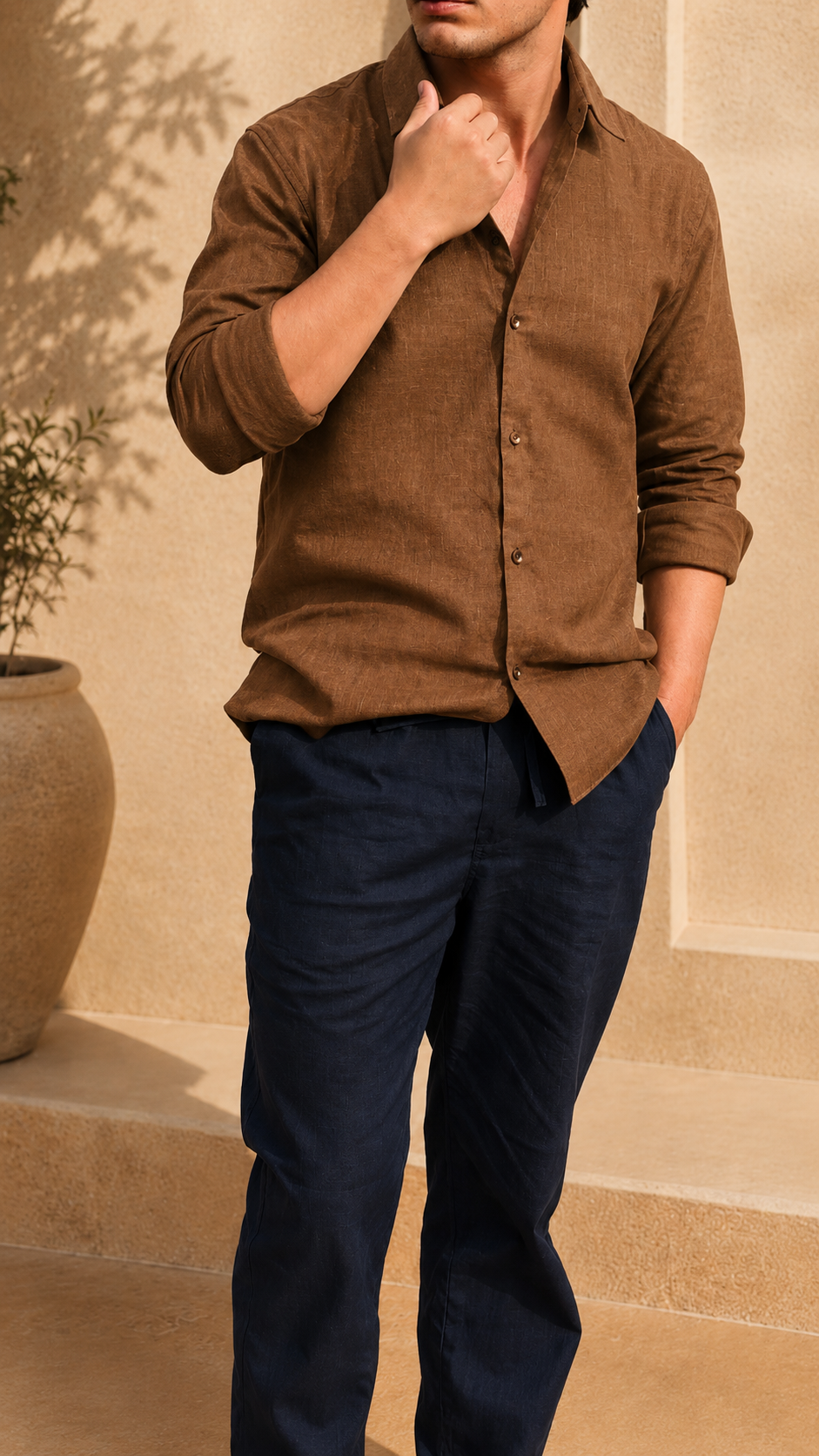 Full Sleeve Belgium Linen Pair For Men | Brown Shirt with Navy Pant by frenchcuff
