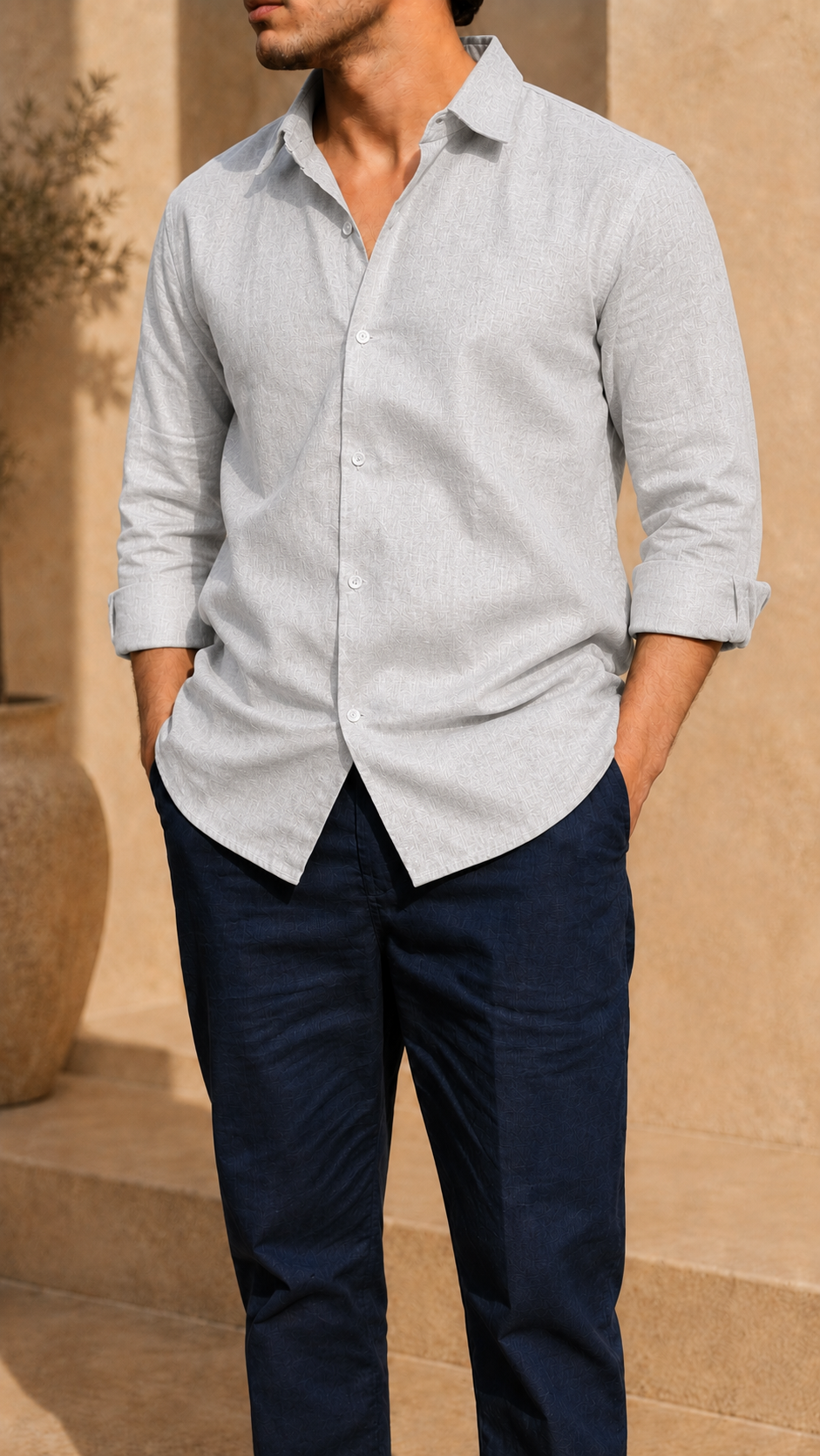 Full Sleeve Belgium Linen Pair For Men | Grey Shirt with Navy Pant by frenchcuff