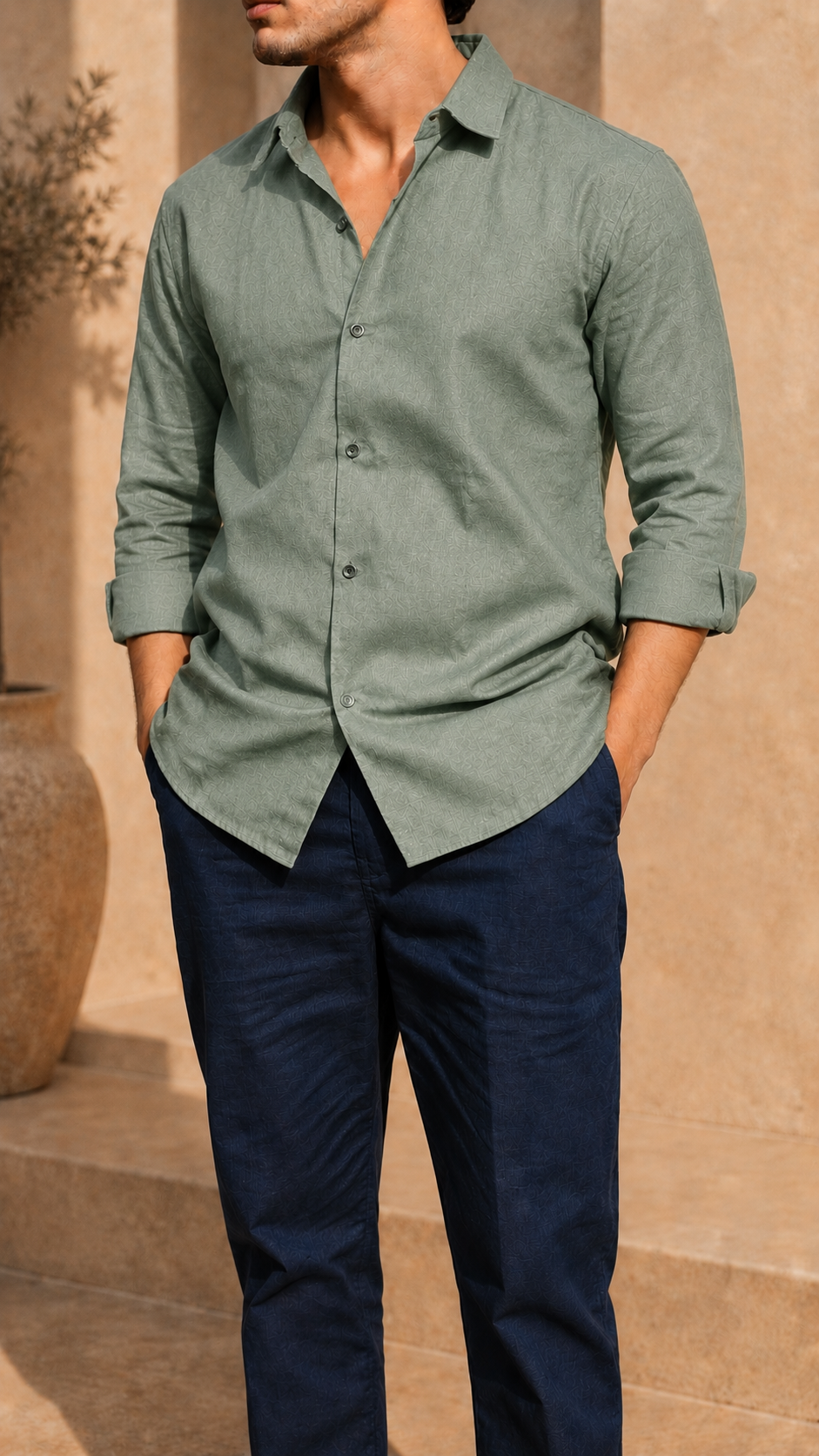 Full Sleeve Belgium Linen Pair For Men | Minty Green Shirt with Navy Pant by frenchcuff
